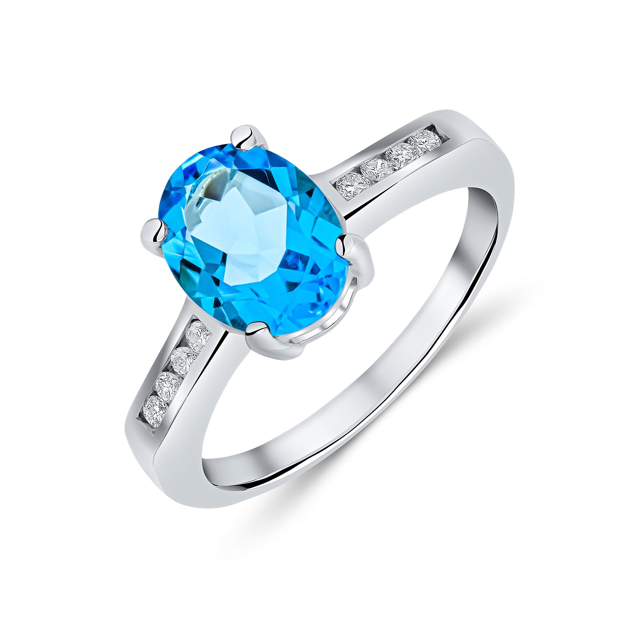 9CT WG 9X7MM CLAW SET OVAL SWISS BLUE TOPAZ SINGLE STONE RING WITH CHANNEL SET DIAMOND SHOULDERS 1