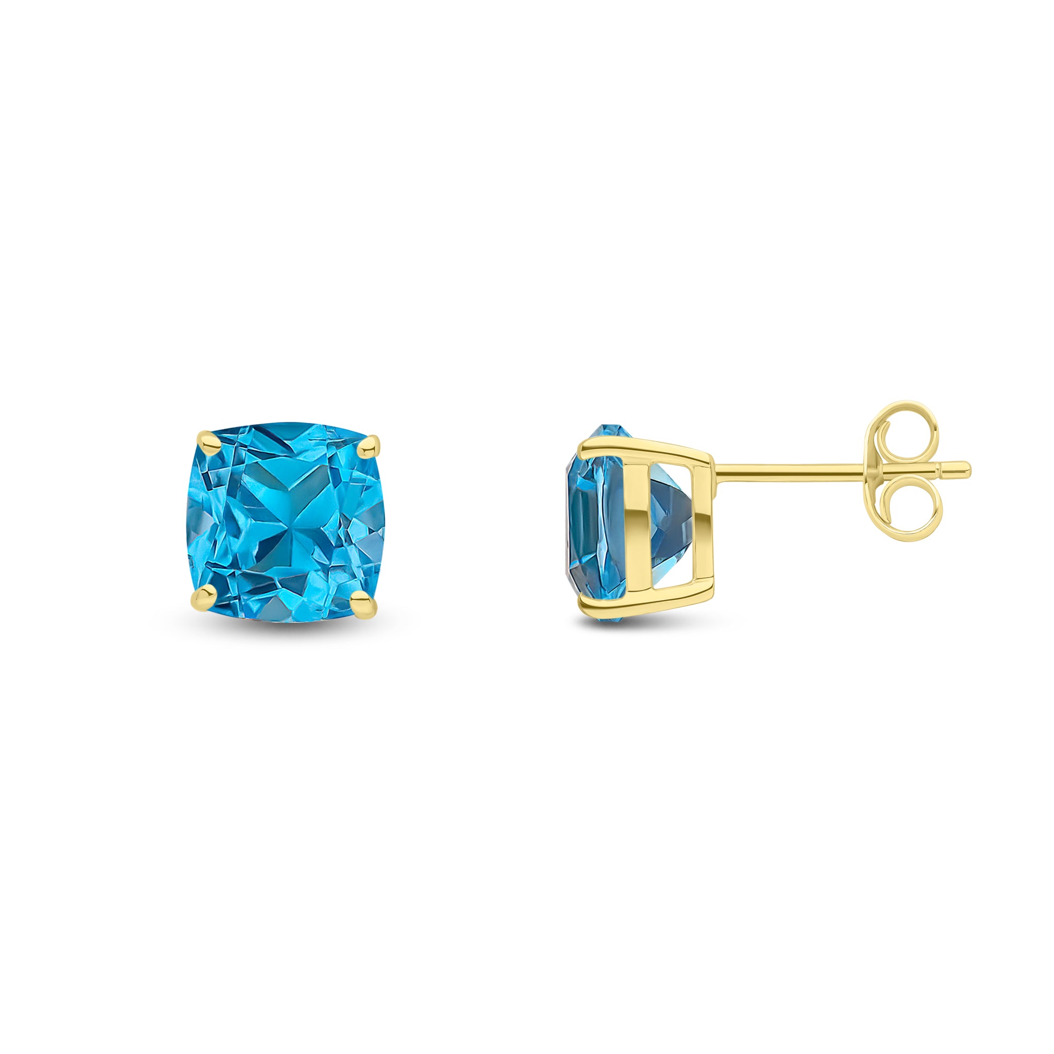 9ct Yellow Gold 8mm Cushion Swiss Blue Topaz Claw Set Earrings