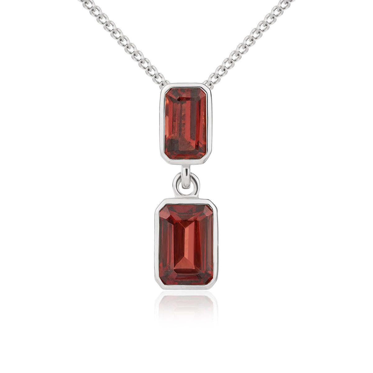 9ct White Gold Octagonal Garnet Rubover Double Drop Pendant