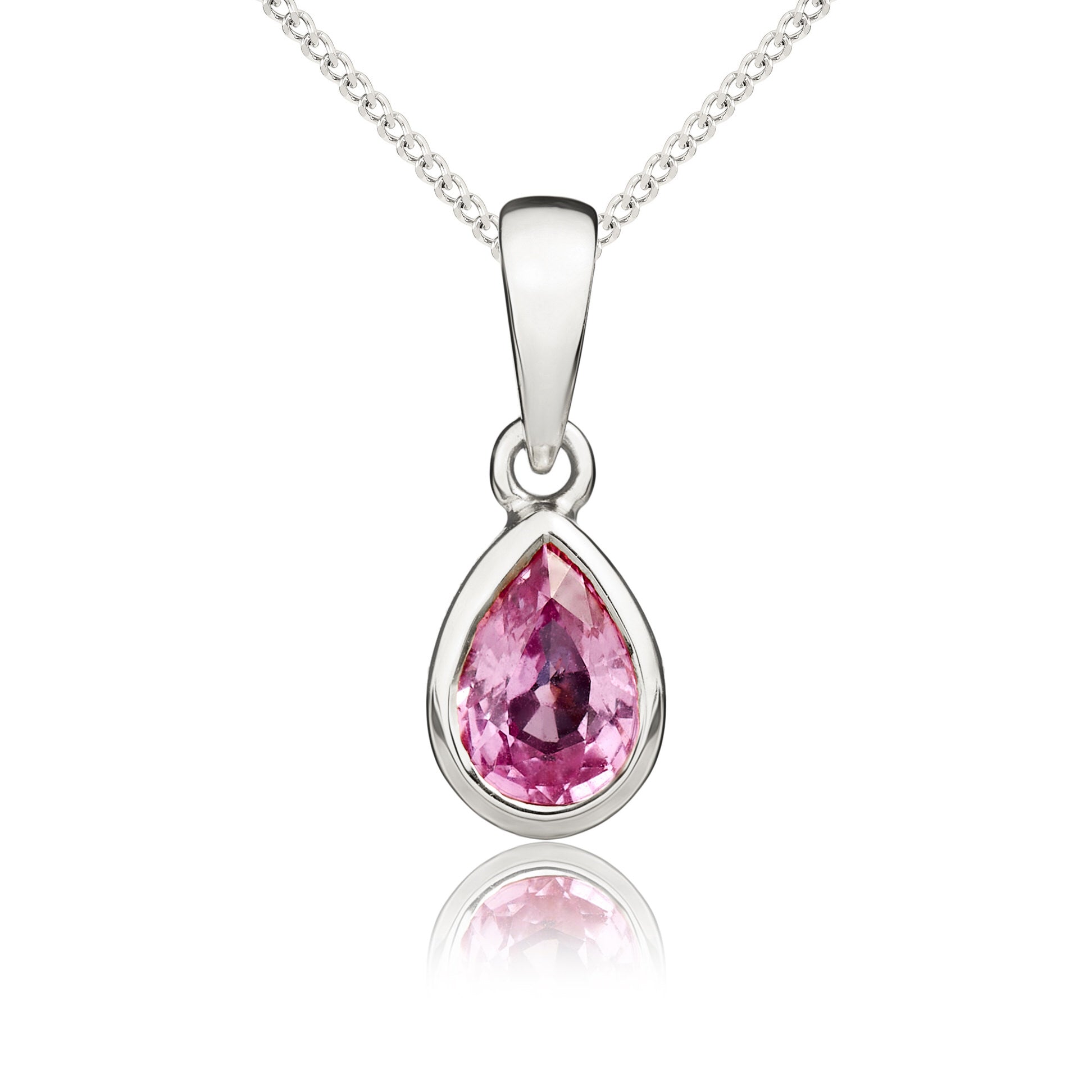 9ct White Gold 6x4 Pear Shape Pink Sapphire Rubover Single Stone Pendant