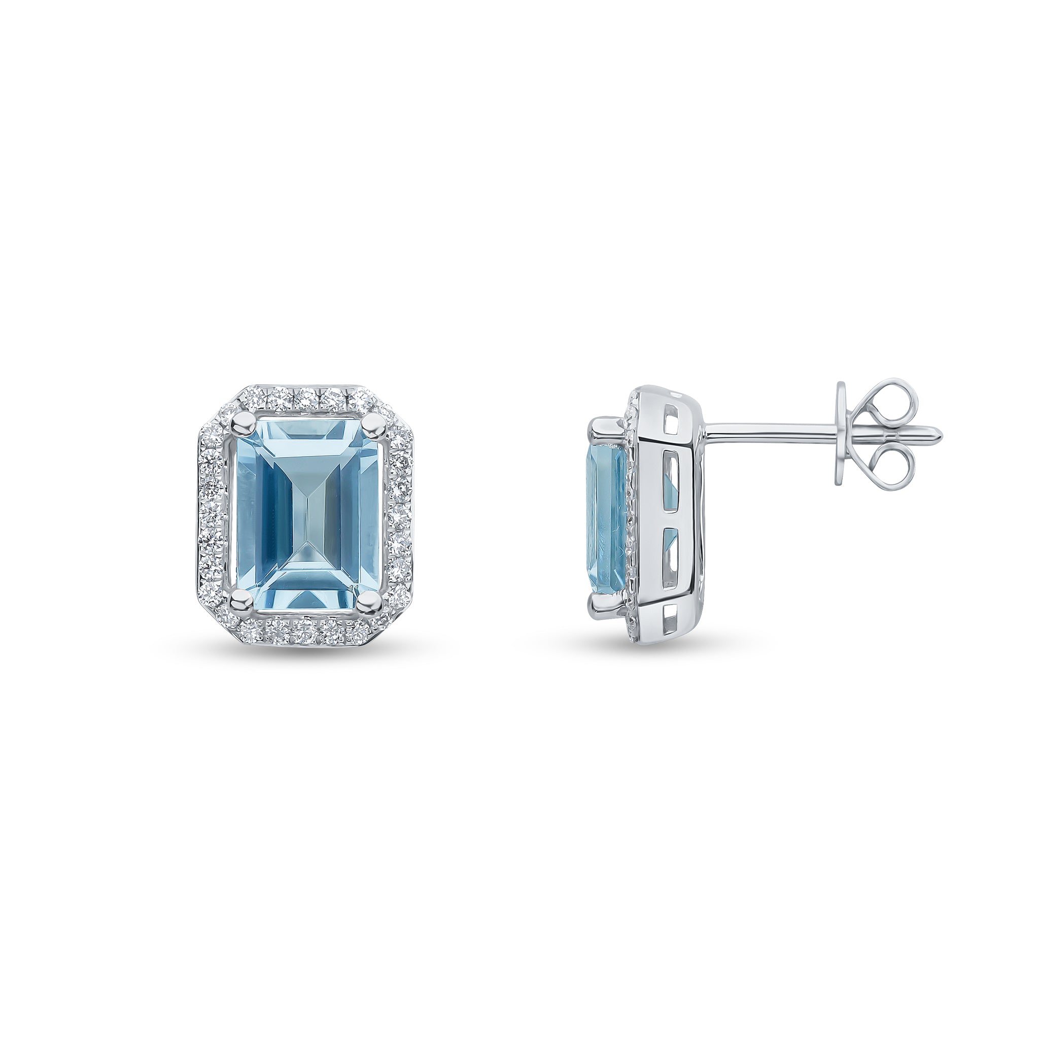 18ct White Gold Octagon Aquamarine & Diamond Halo Cluster Earrings