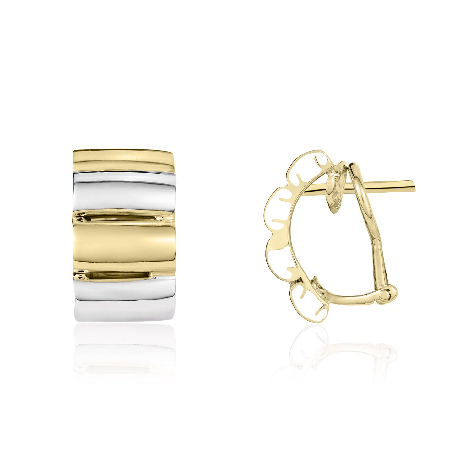 9ct yellow and white gold Ribbed Half Hoop Peg & Clip Earings