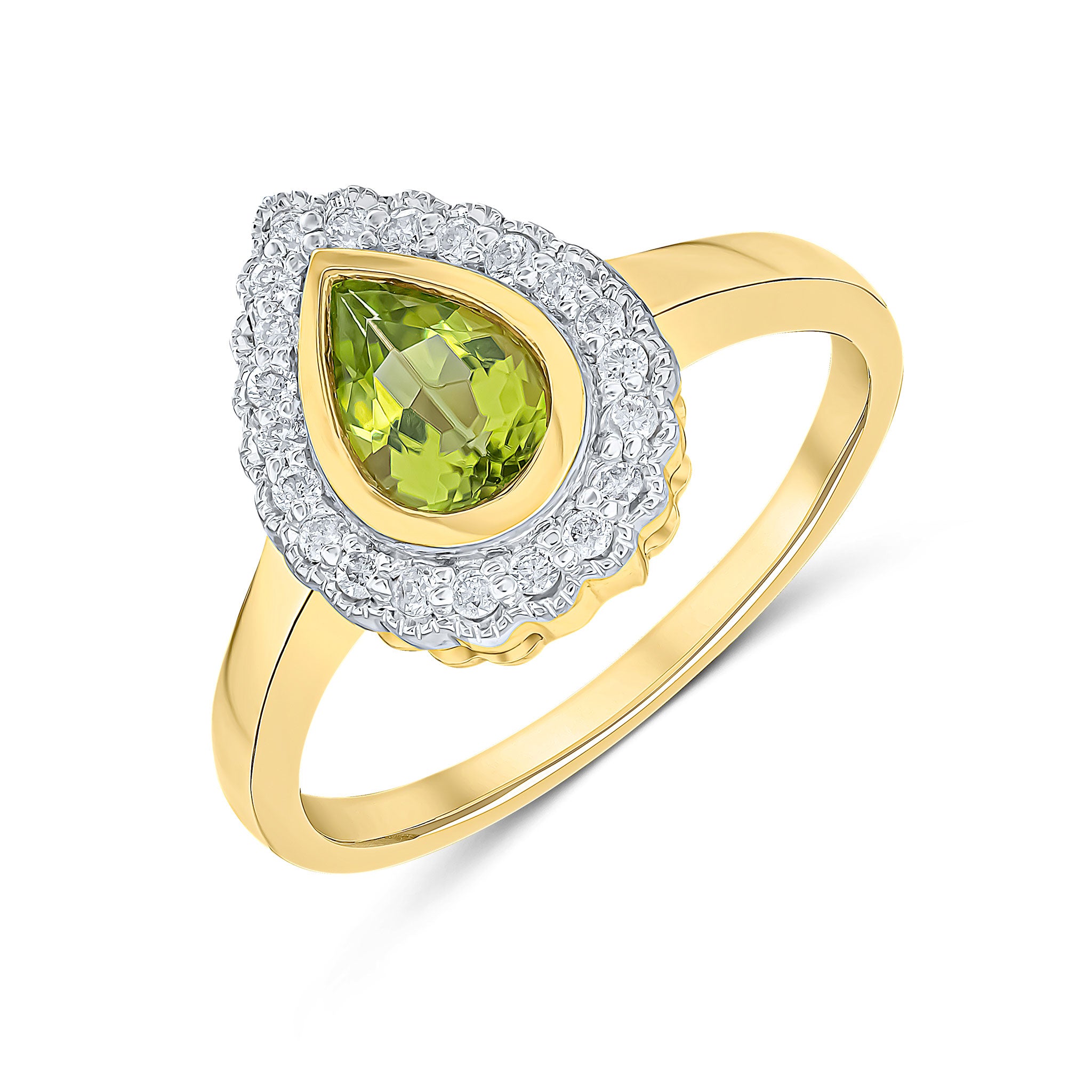9ct Yellow Gold Pear Shape Rubover Peridot and Milgrain Round Diamond Cluster Ring Rhodium to Diamonds