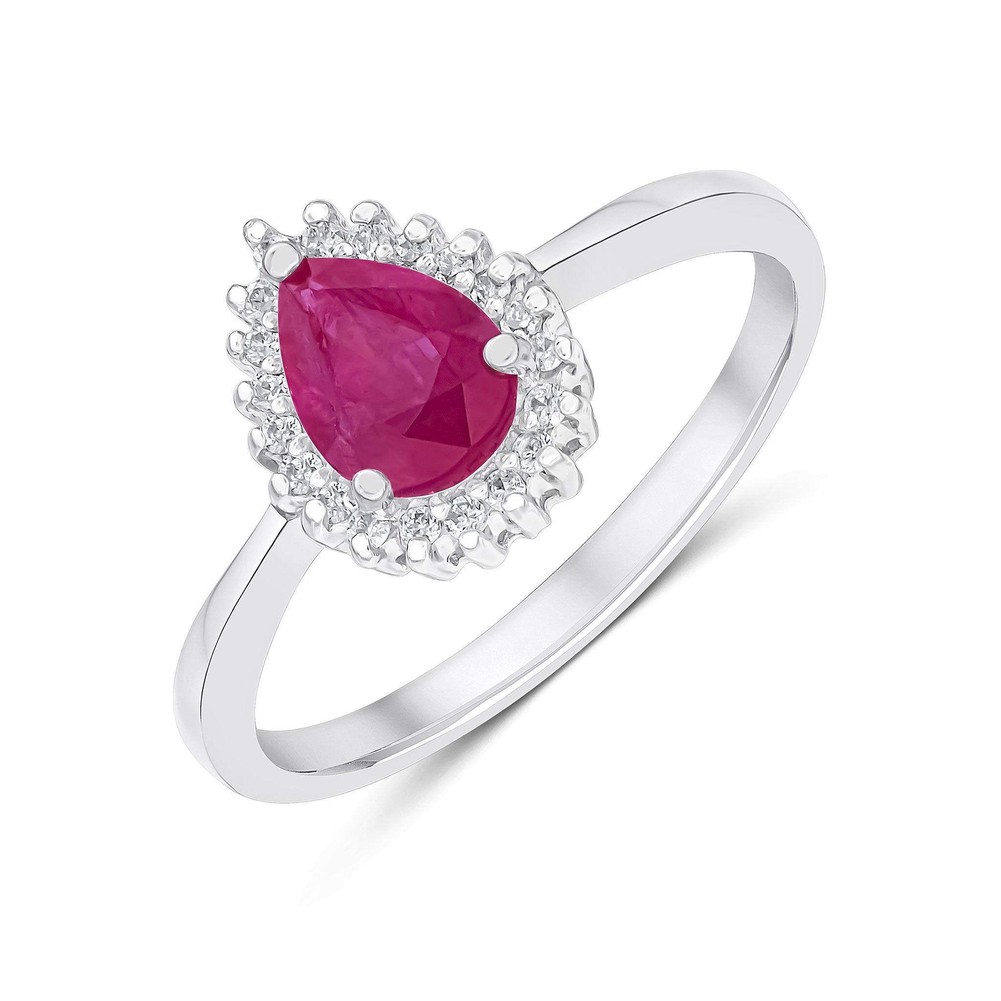 9ct White Gold 7x5mm Pear Shape Ruby & Diamond Claw Set Cluster Ring