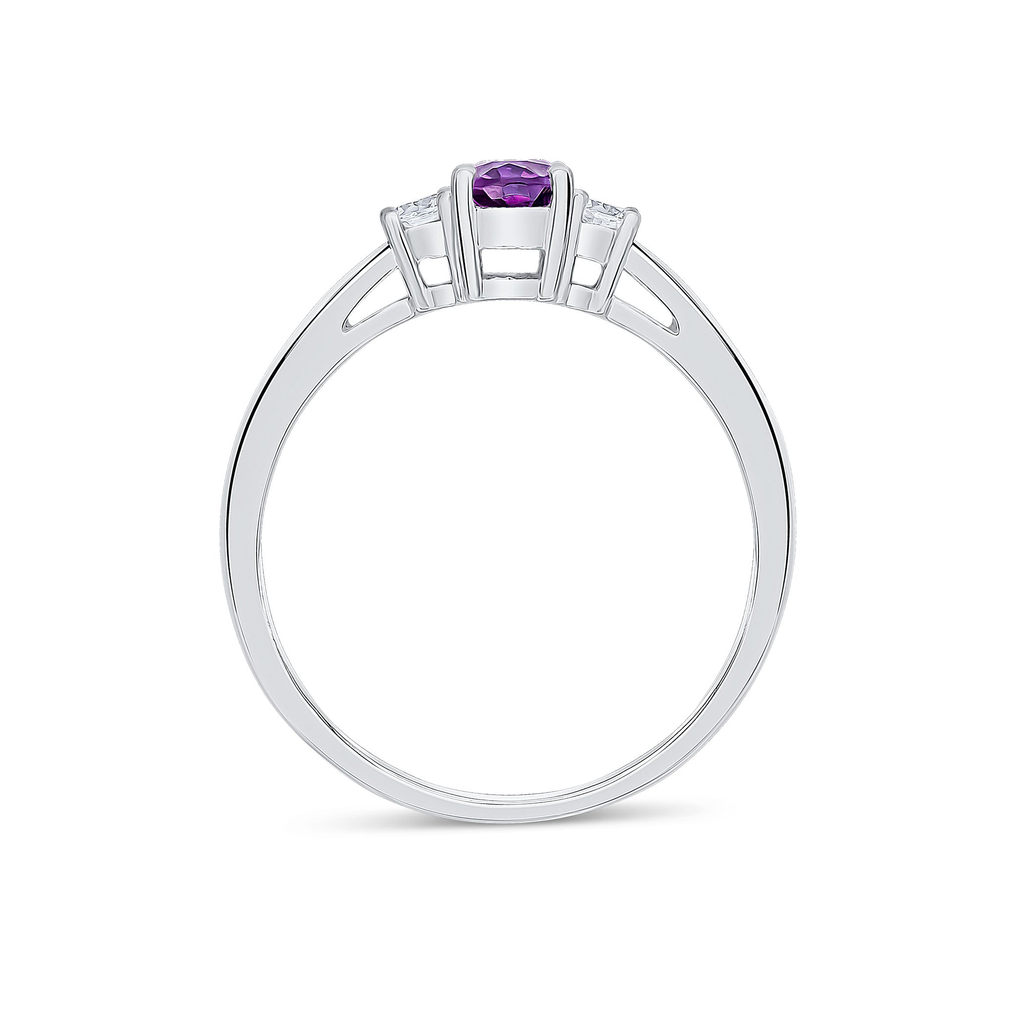 9CT WG 6X4 OVAL AMETHYST AND ROUND DIAMOND CLAW SET 3ST RING 1
