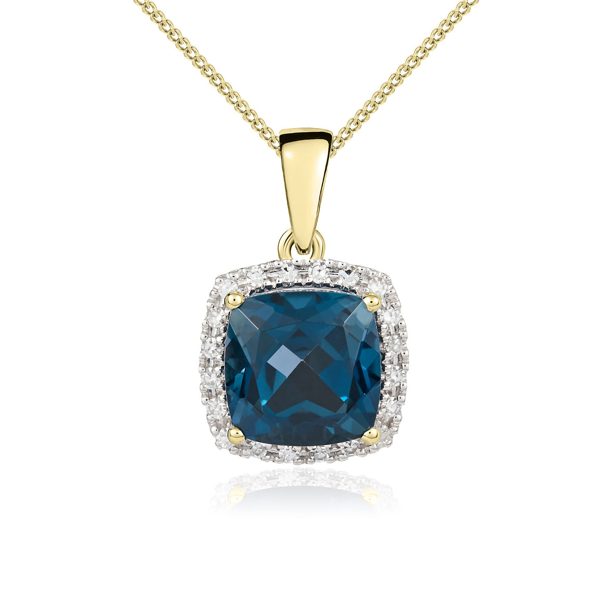 9ct White Gold Cushion London Blue Topaz & Diamond Cluster Pendant