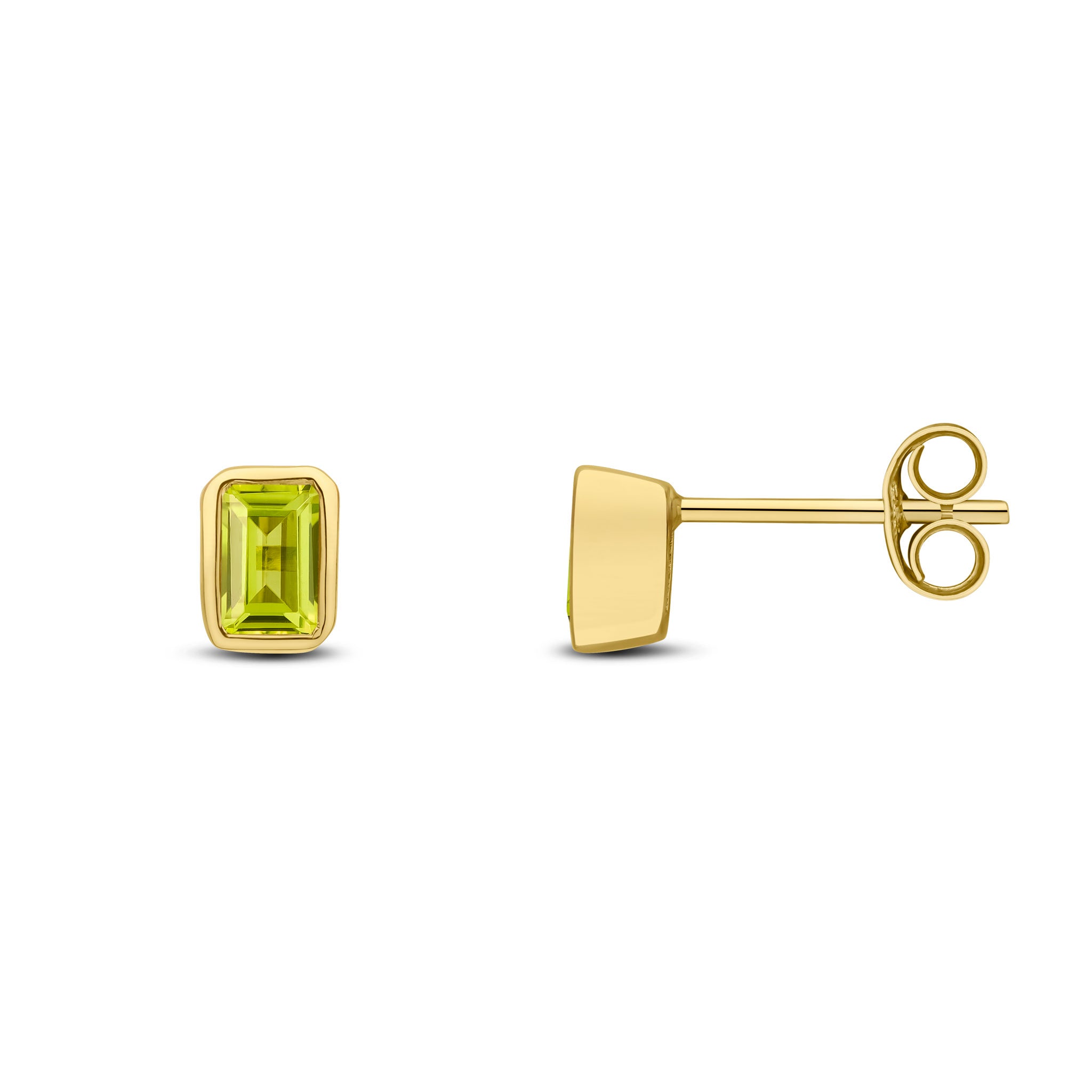 9ct Yellow Gold 5x3 Octagon Peridot Rubover Set Earrings