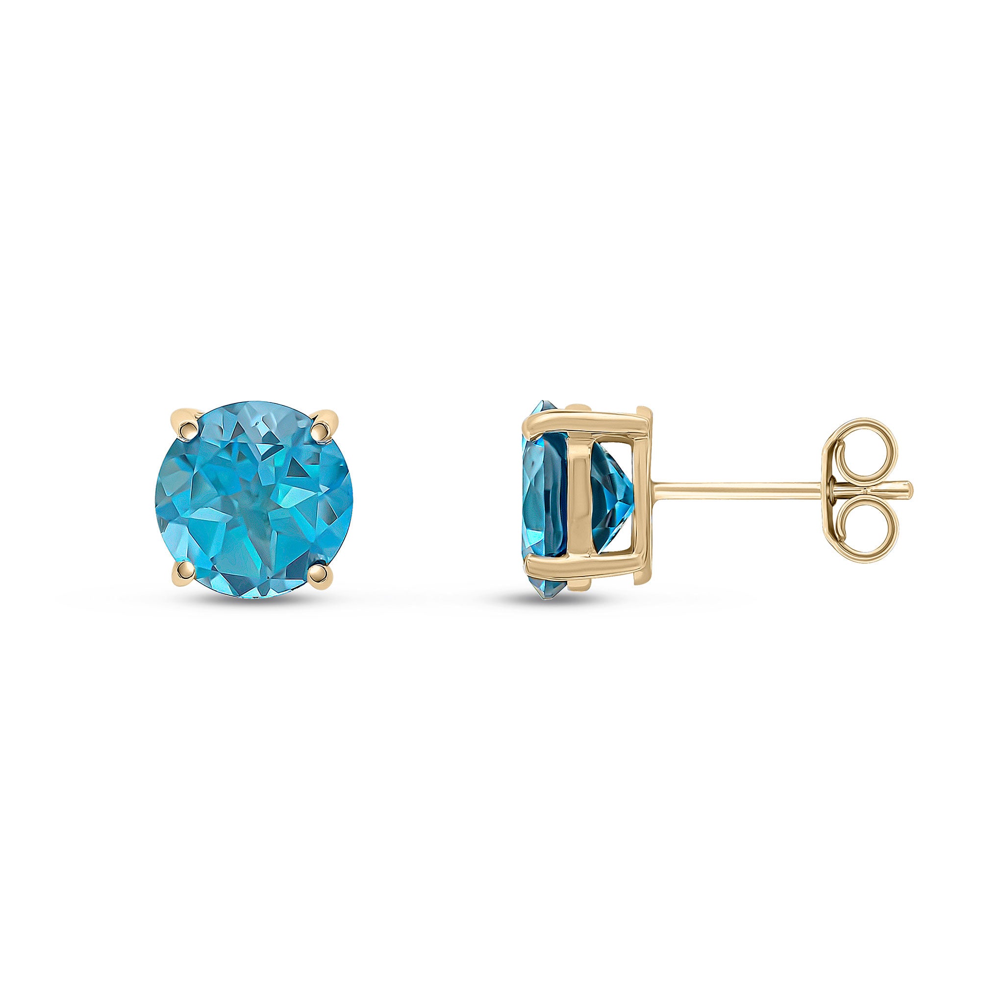 9ct Yellow Gold 8mm Round London Blue Topaz Claw Set Earrings