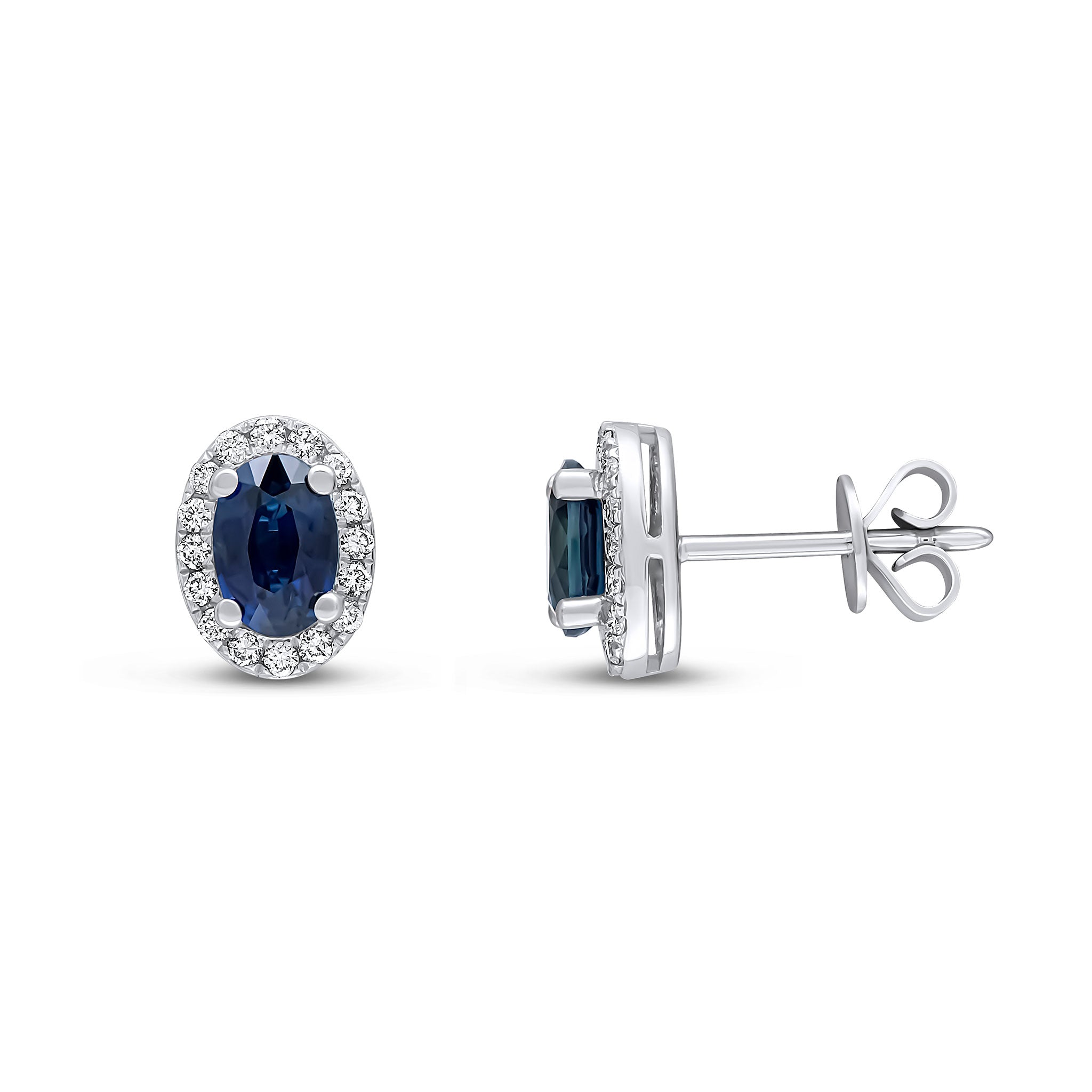 18ct White Gold 6x4mm Oval Sapphire & Diamond Claw Set Cluster Earrings