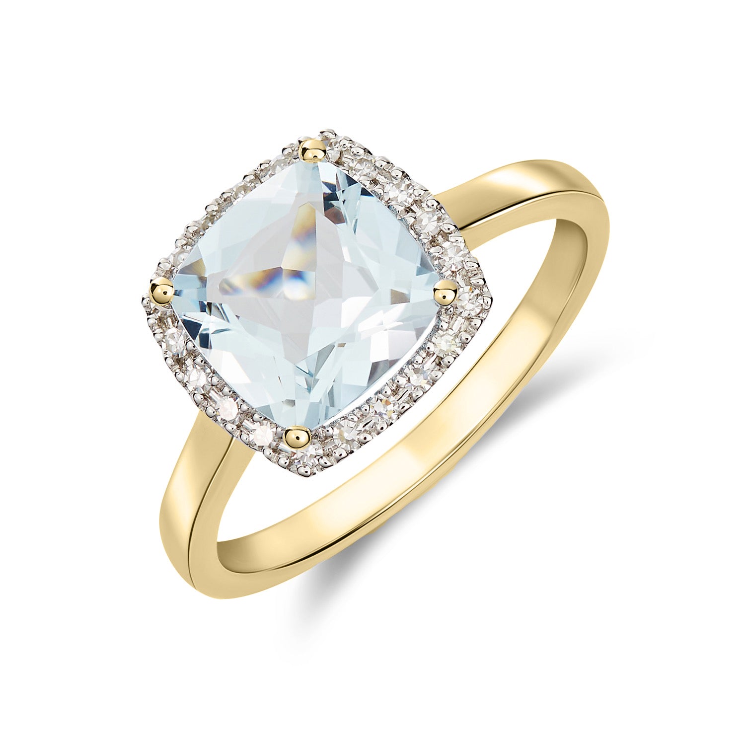9ct Yellow Gold 8mm Cushion Aquamarine & Diamond Cluster Ring Rhodium to Diamonds