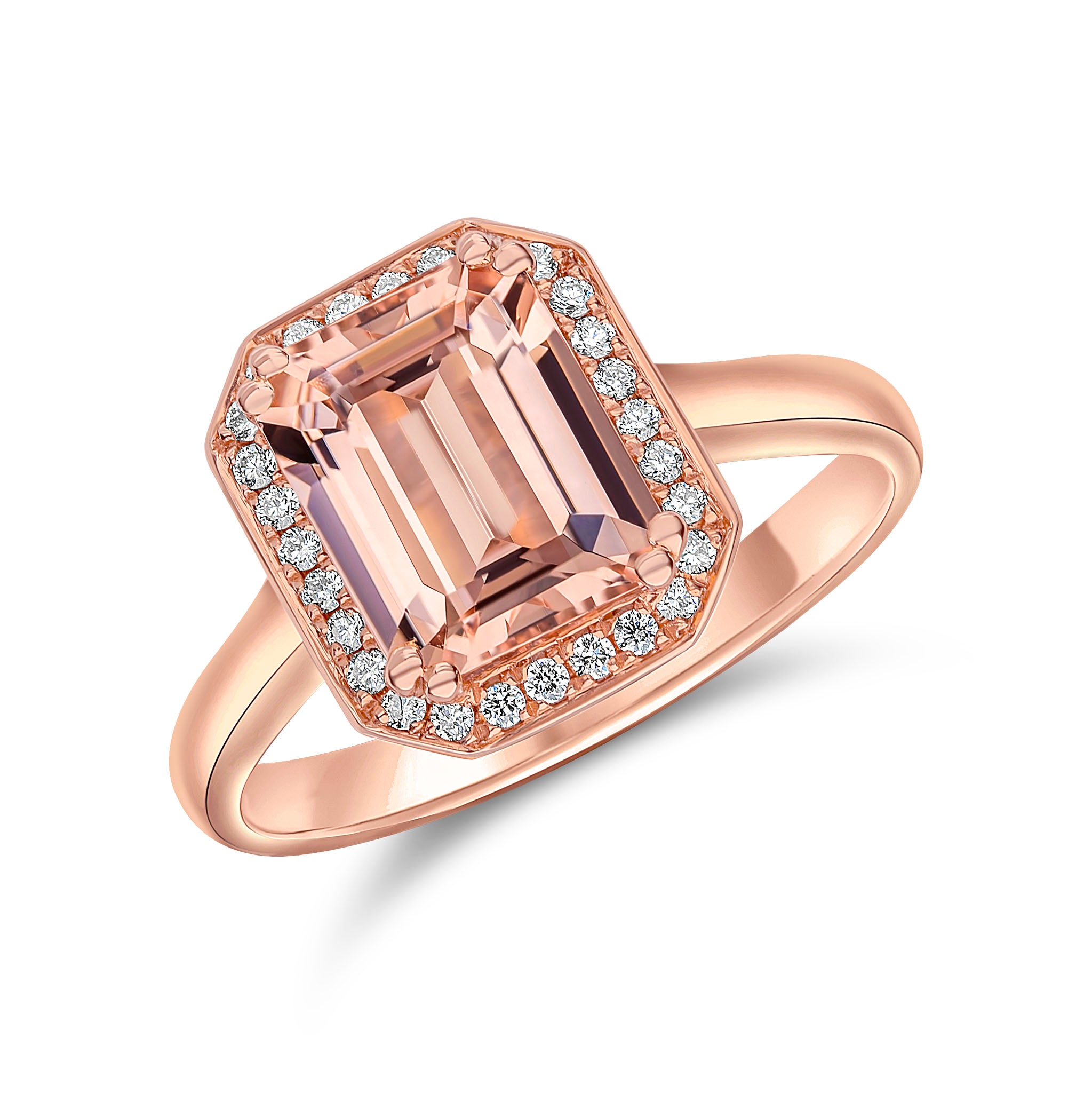 18ct Rose Gold Rubover 9x7 Octagon Morganite & Grain Set Diamond Cluster Ring
