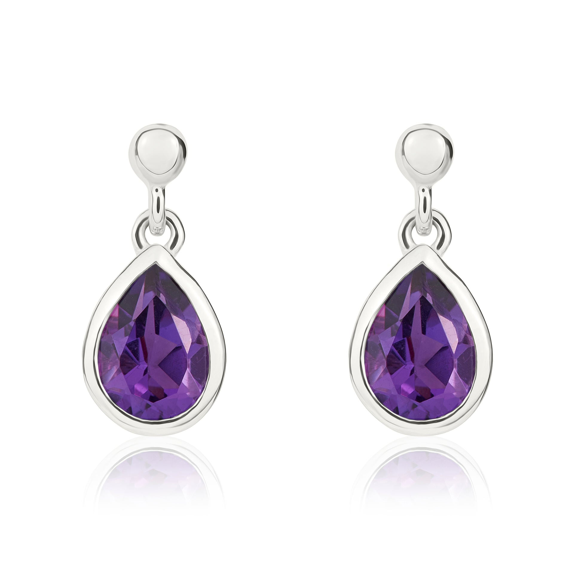 9ct White Gold 7x5 Pear Shape Amethyst Rubover Drop Earrings with Bead Stud Top