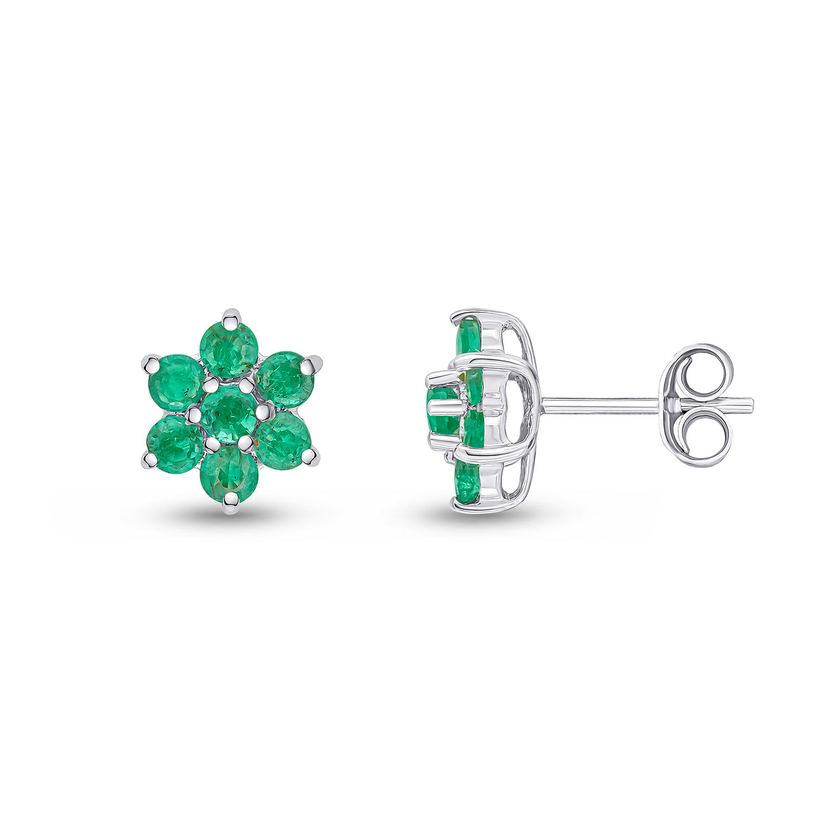 9ct White Gold Round Emerald 6x1 Claw Cluster Earrings