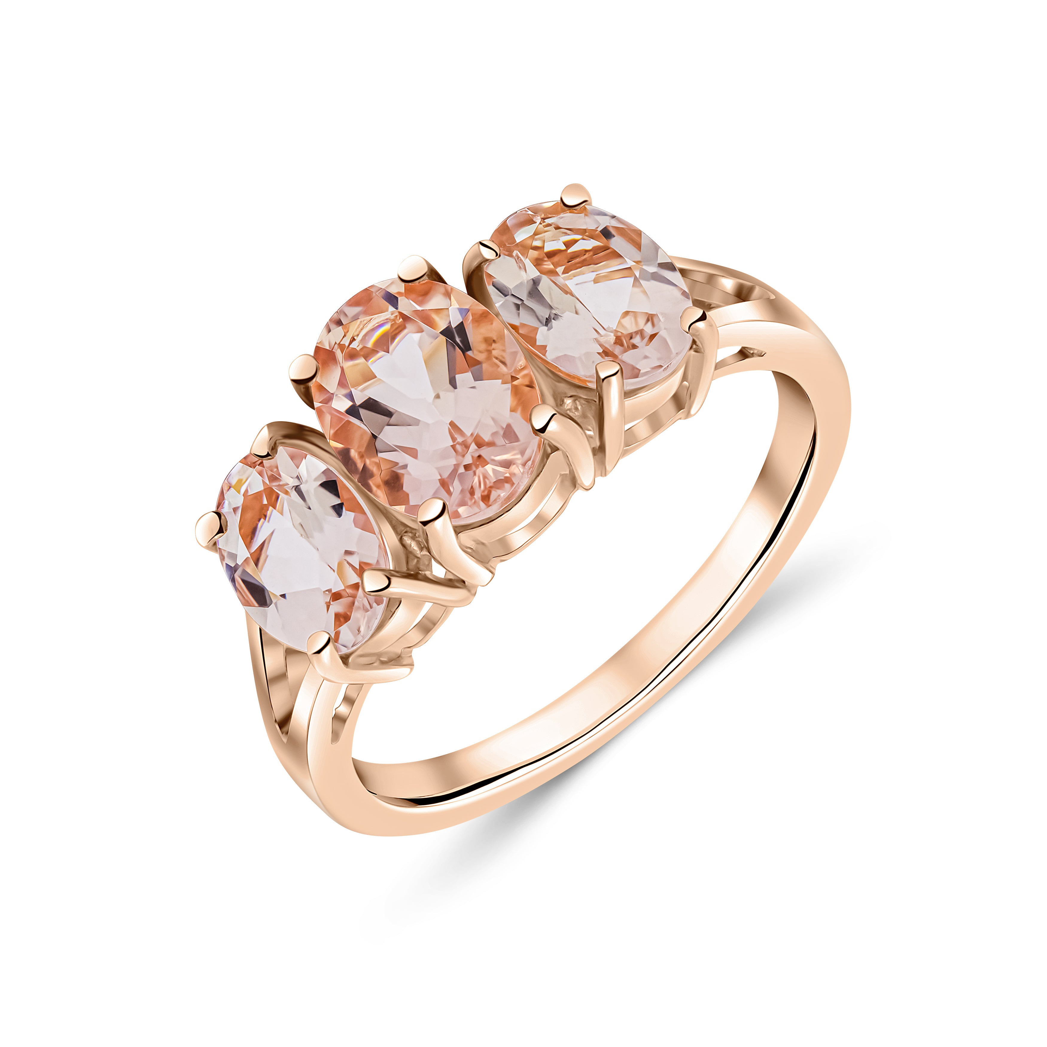 9ct Rose Gold Oval Morganite Claw Set 3 Stone Ring with Split Shoulders