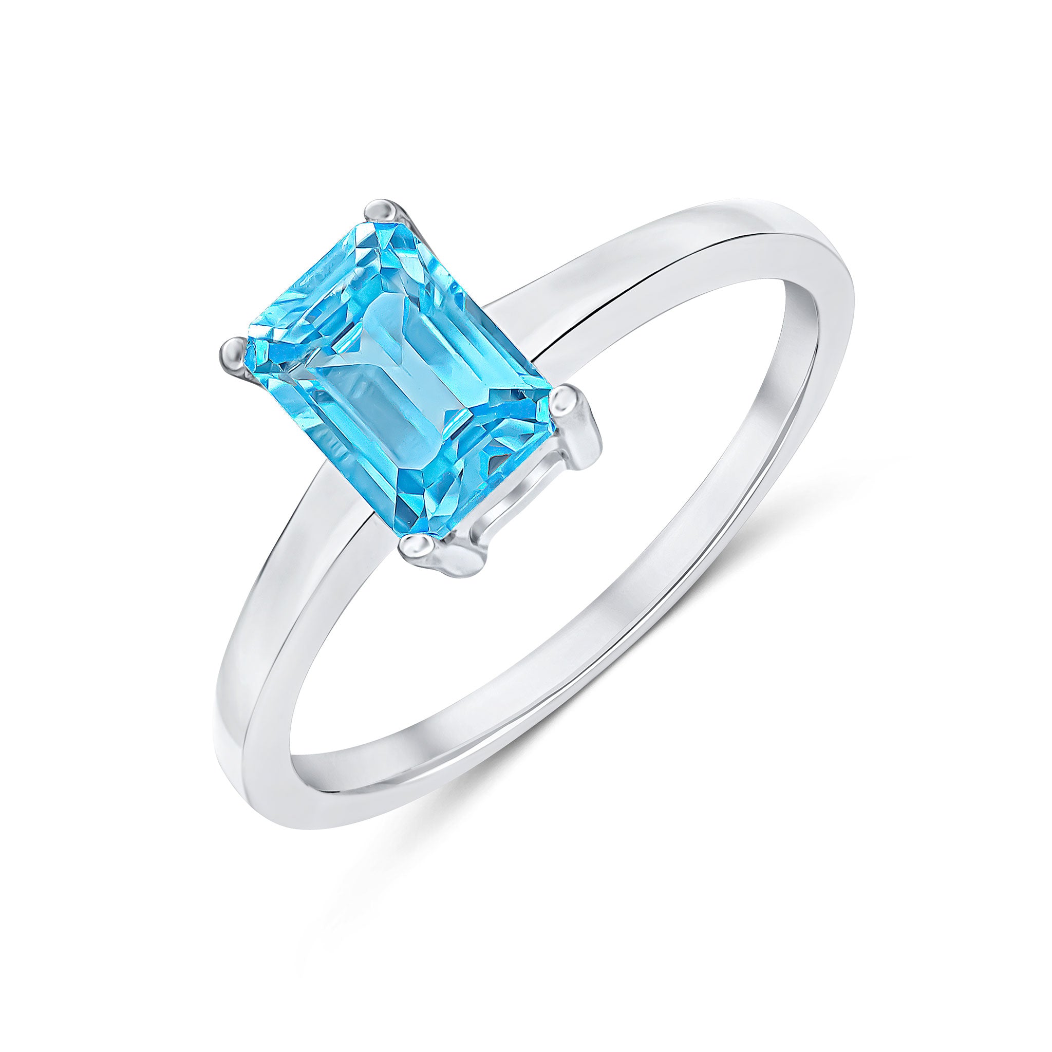9ct White Gold 7x5mm Octagon Swiss Blue Topaz Claw Set Single Stone Ring