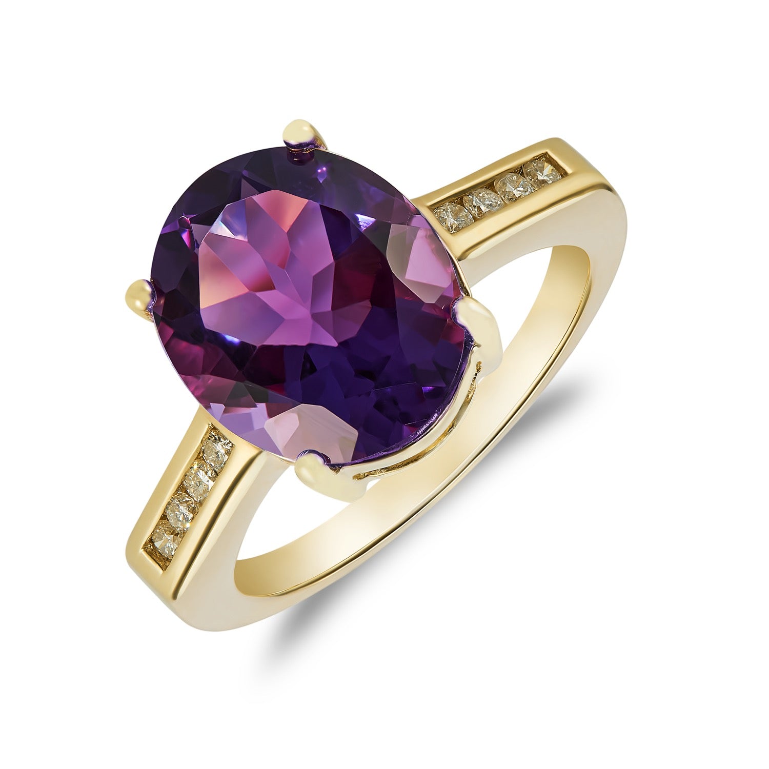 9CT YG 12X10MM CLAW SET OVAL AMETHYST SINGLE STONE RING WITH CHANNEL SET DIAMOND SHOULDERS 1