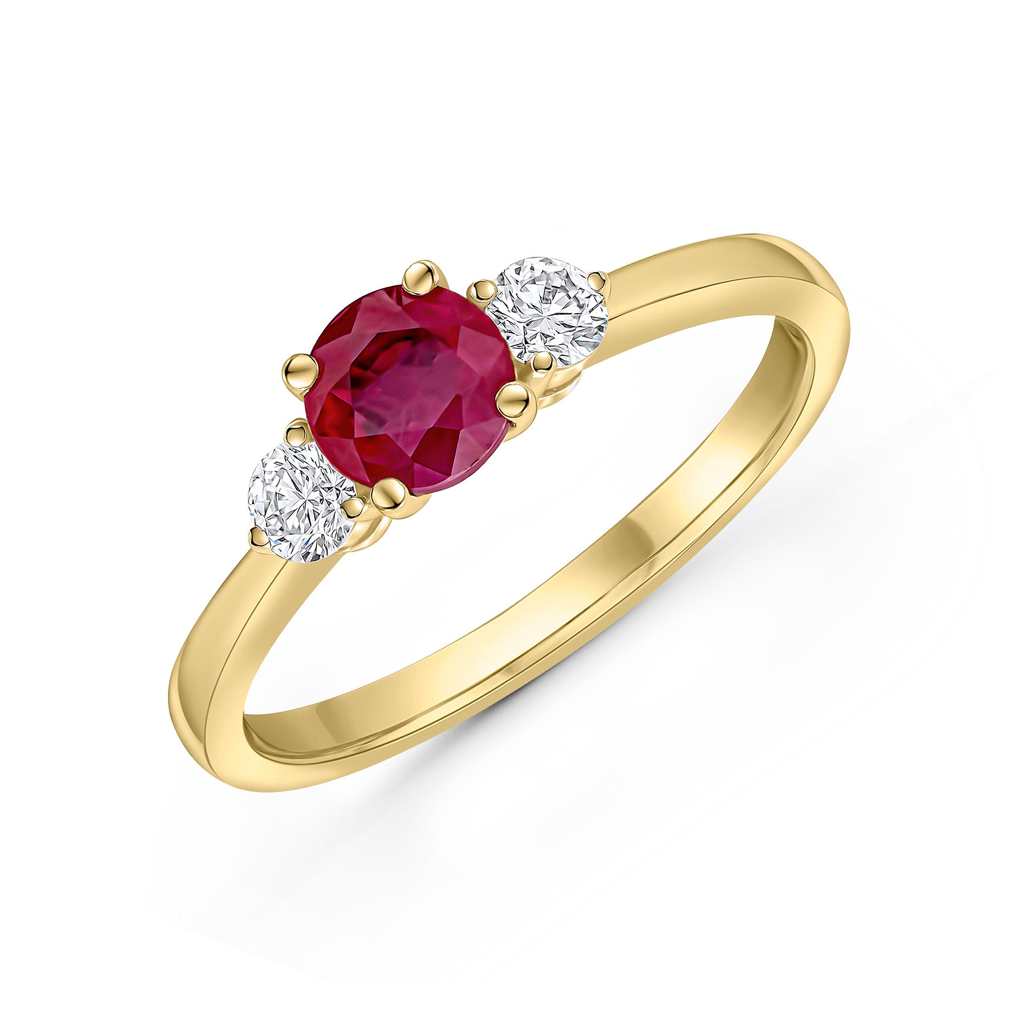 18ct Yellow Gold 5mm Round Ruby and Diamond Claw Set 3 Stone Ring