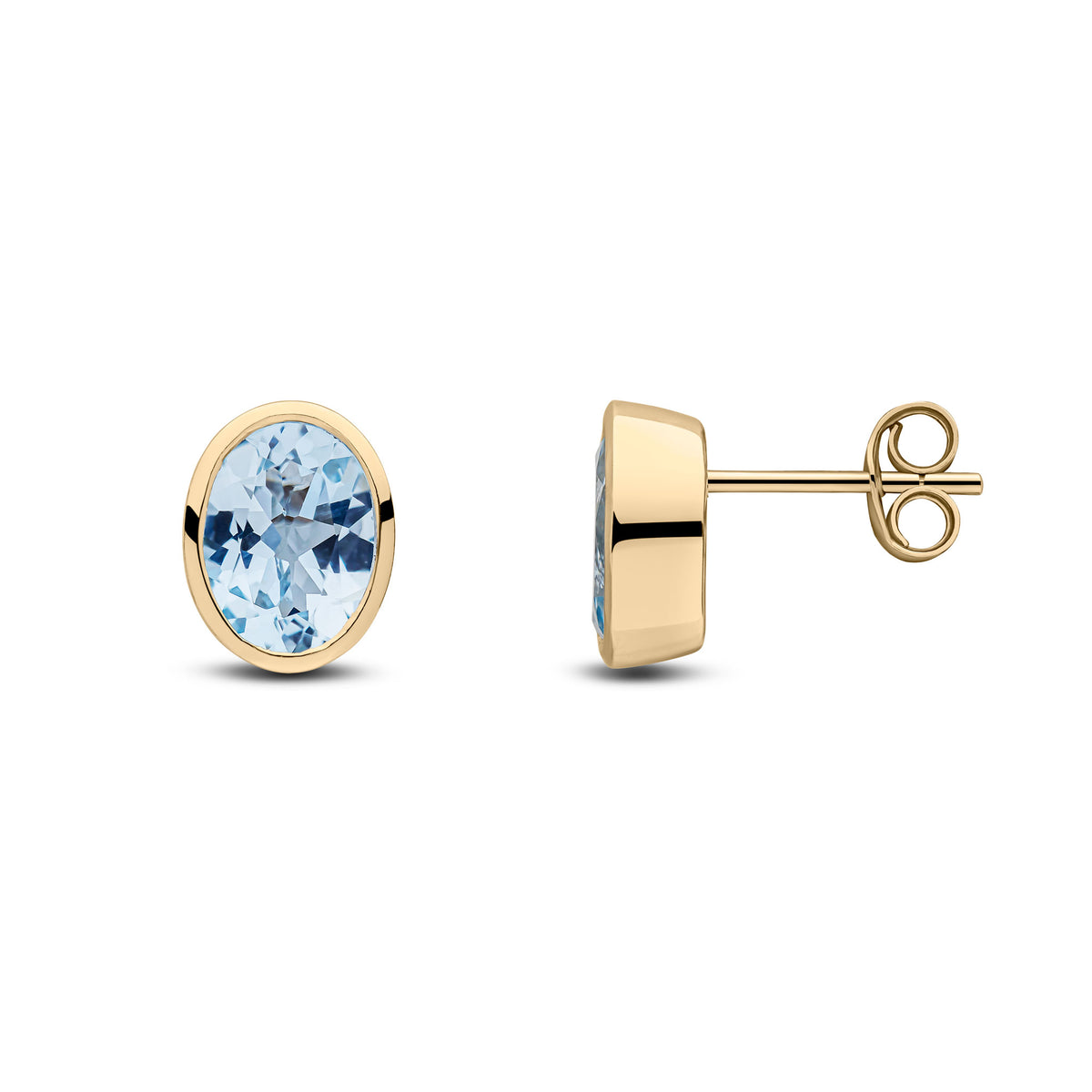 9ct Yellow Gold 8x6 Oval Aquamarine Rubover Earrings