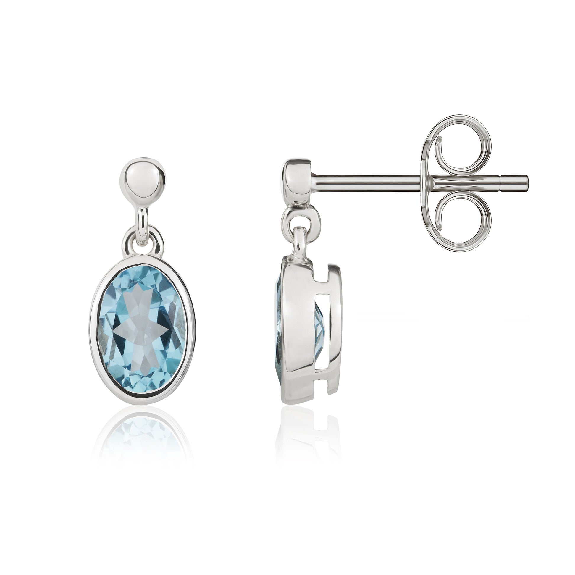 9ct white gold 6 x 4 mm oval Swiss Blue Topaz rubover Drop Earrings With 2.5mm