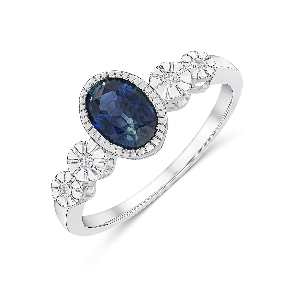 9ct White Gold Milgrain Oval Sapphire and Illusion Diamond 4 Stone Shoulders Ring