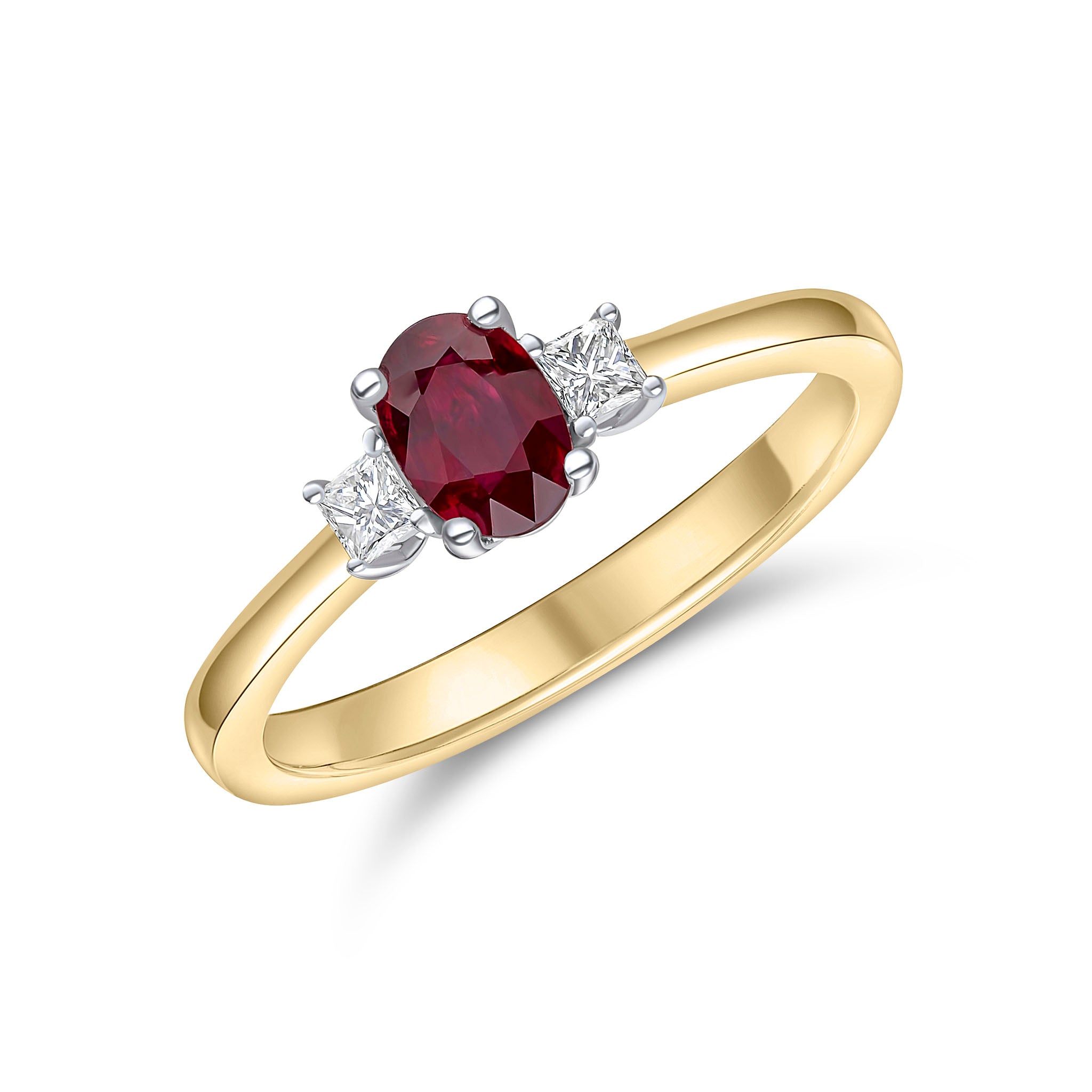 18ct Ywg 6x4 Oval Ruby and Princess Cut Diamond Claw Set 3 Stone Ring