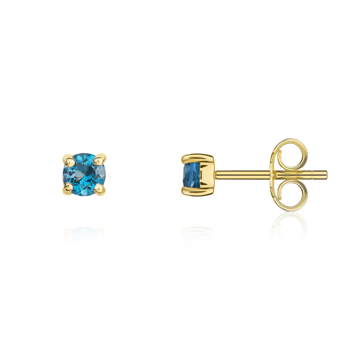 9ct Yellow Gold 3mm Round London Blue Topaz Claw Stud Earrings