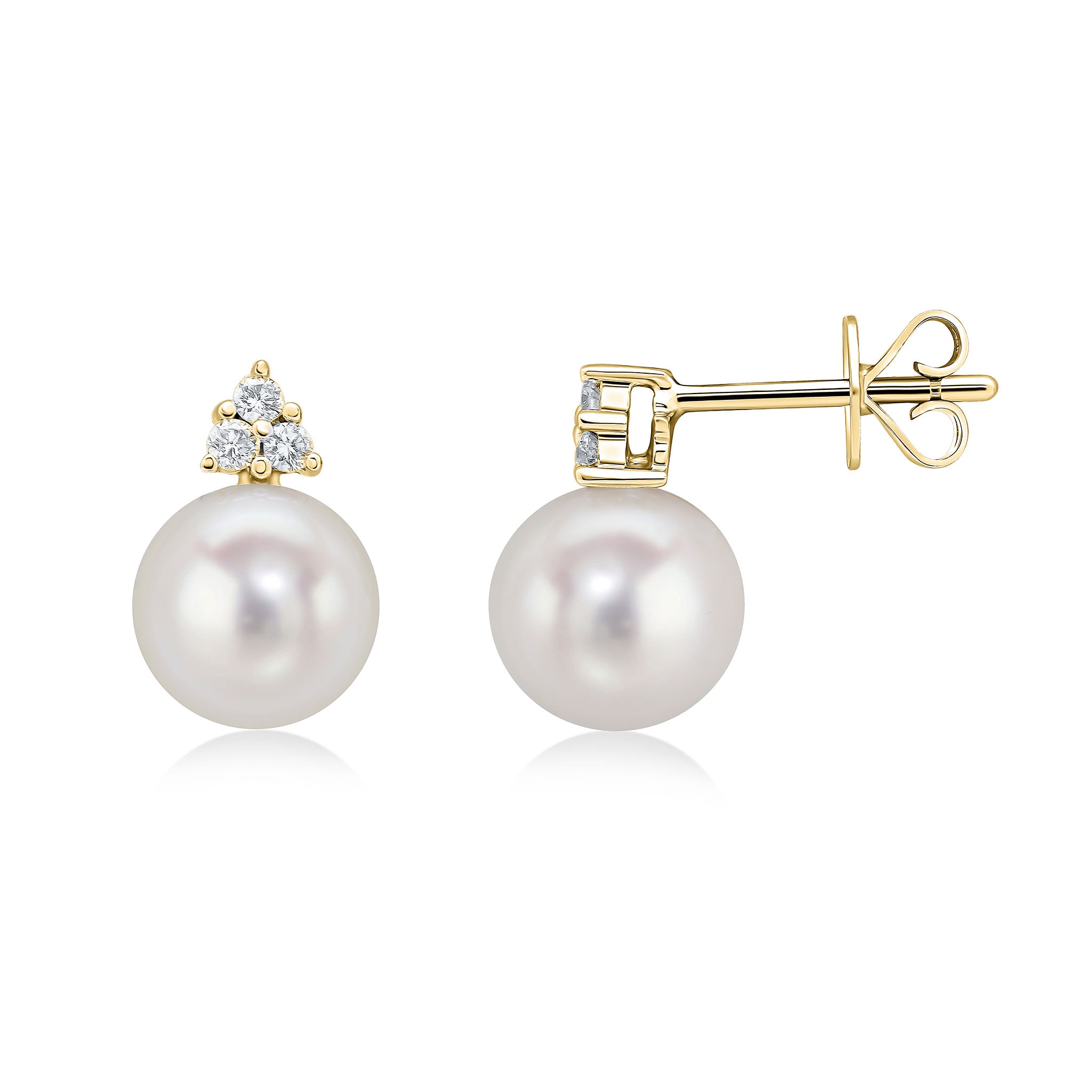 18ct Yellow Gold Diamond Trefoil Top and 8mm Cfw Pearl Earrings Rhodium to Diamonds