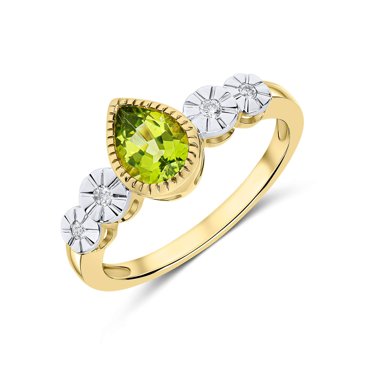 9ct Yellow Gold Milgrain Pear Shape Peridot and Illusion Diamond 4 Stone Shoulders Ring Rhodium to Diamonds