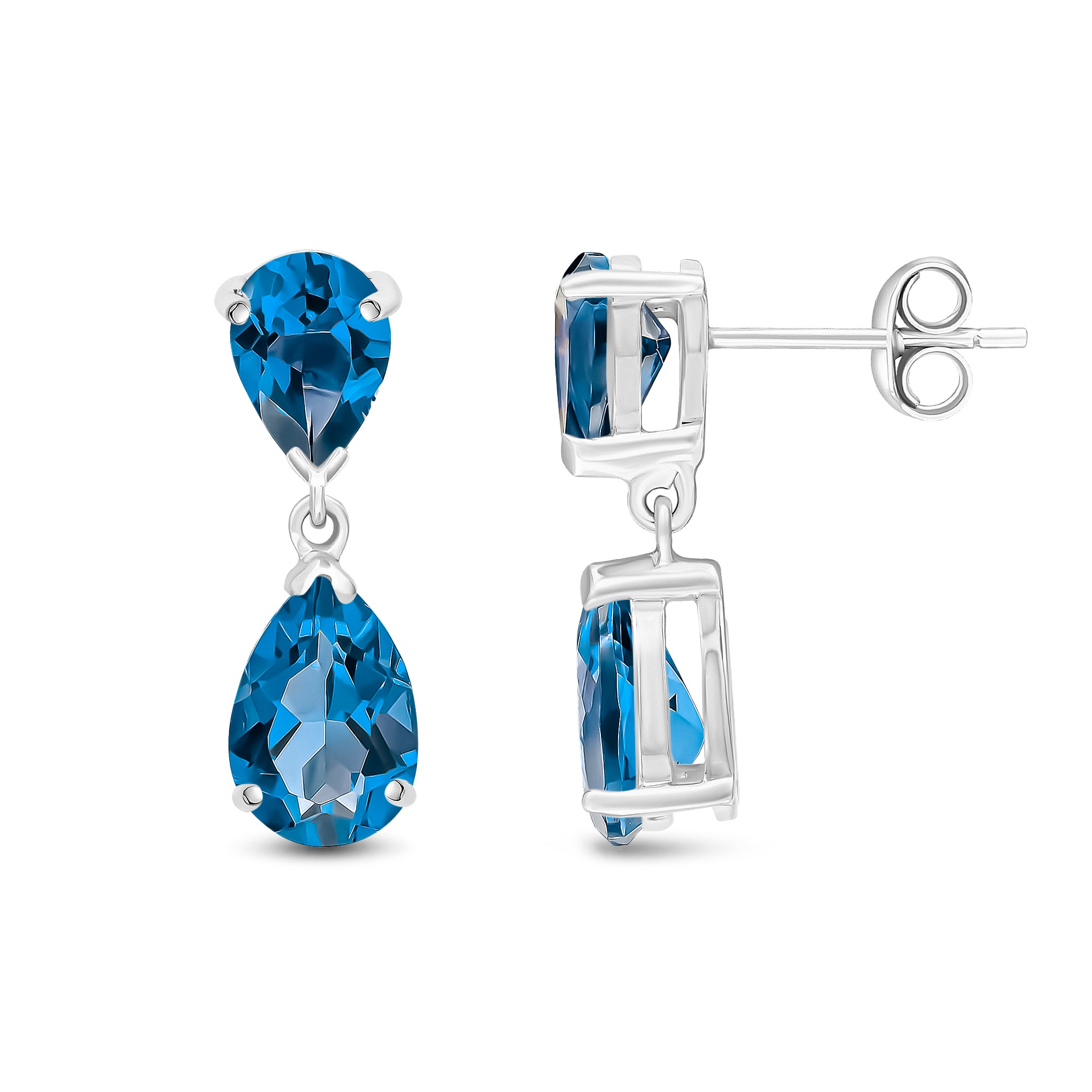 9ct White Gold Pear Shape London Blue Topaz 2 Stone Claw Set Drop Earrings