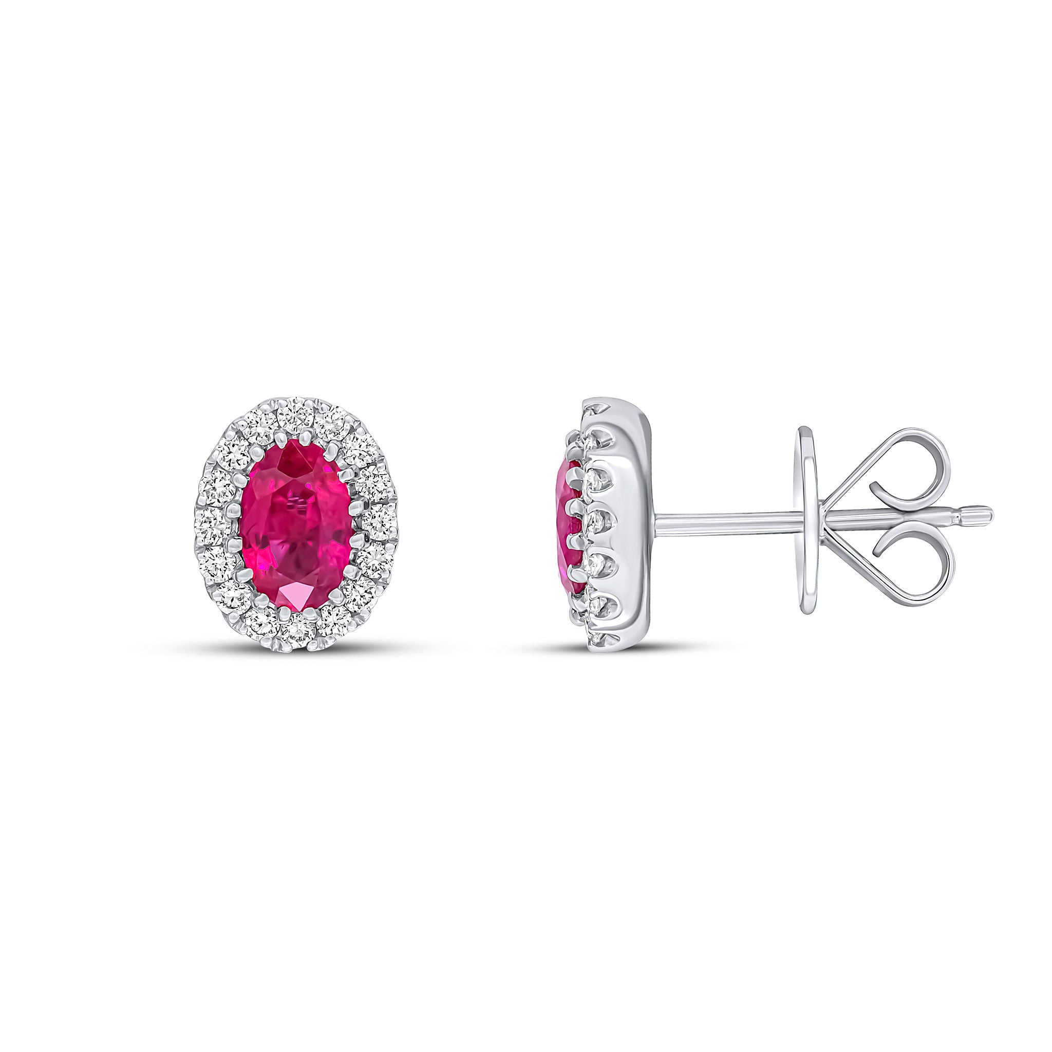 18ct White Gold 6x4 Oval Ruby and Round Diamond Claw Cluster Earrings