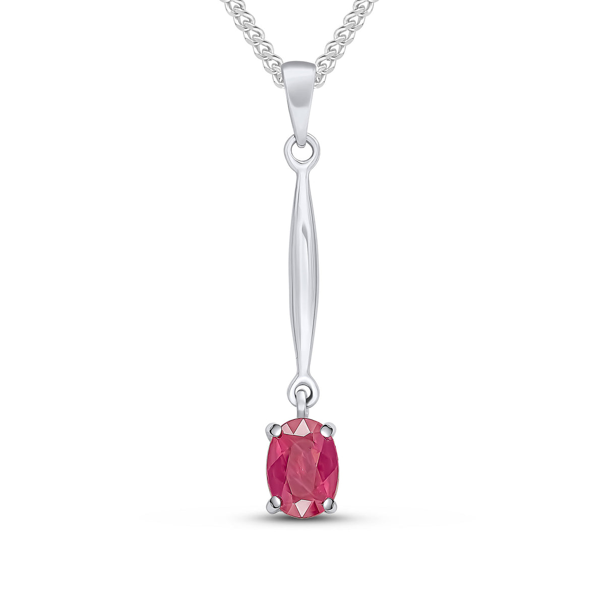 9ct White Gold 7x5 Oval Claw Ruby and Bar Pendant