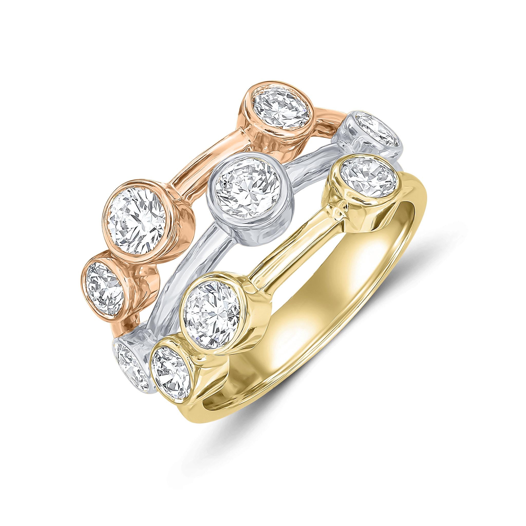 18ct Ywrg Diamond 3 Row Bubble Ring 1.75ct Total