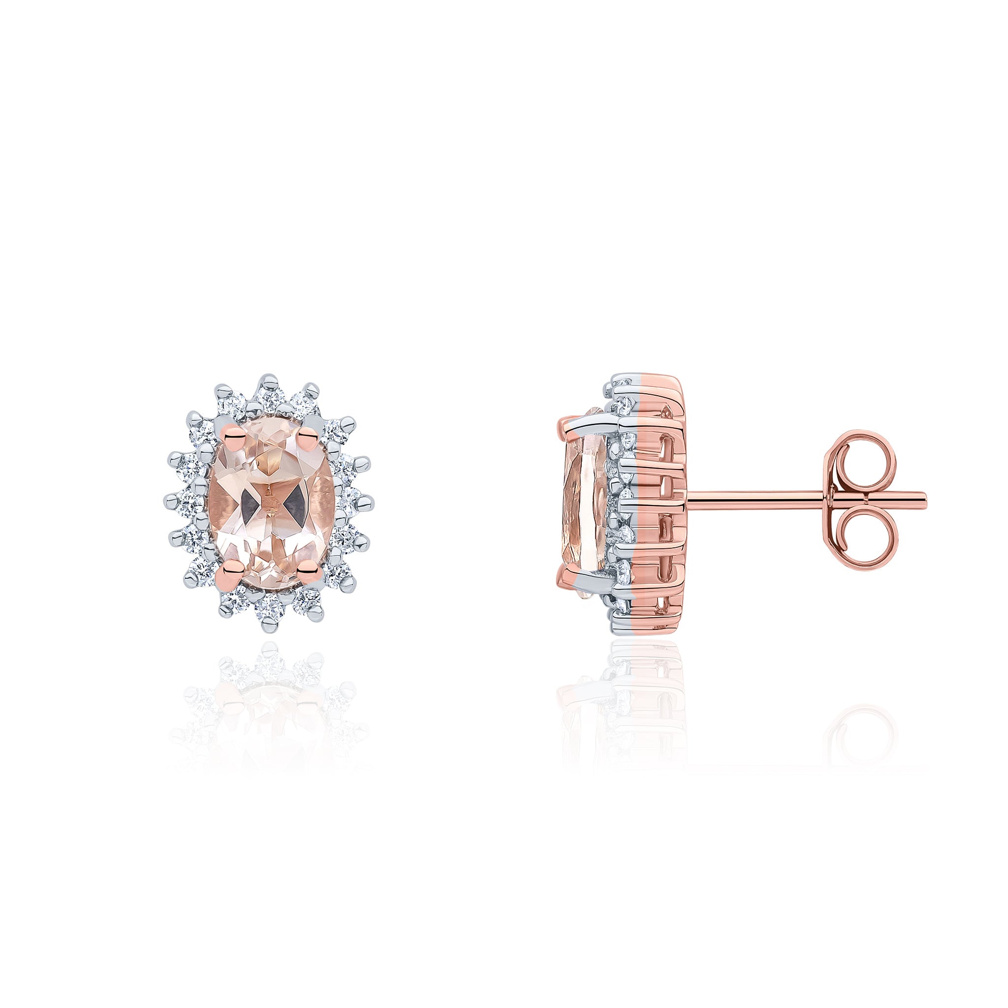 9ct Rose Gold Oval Morganite and Diamond Claw Cluster Earrings Rhodium to Diamonds