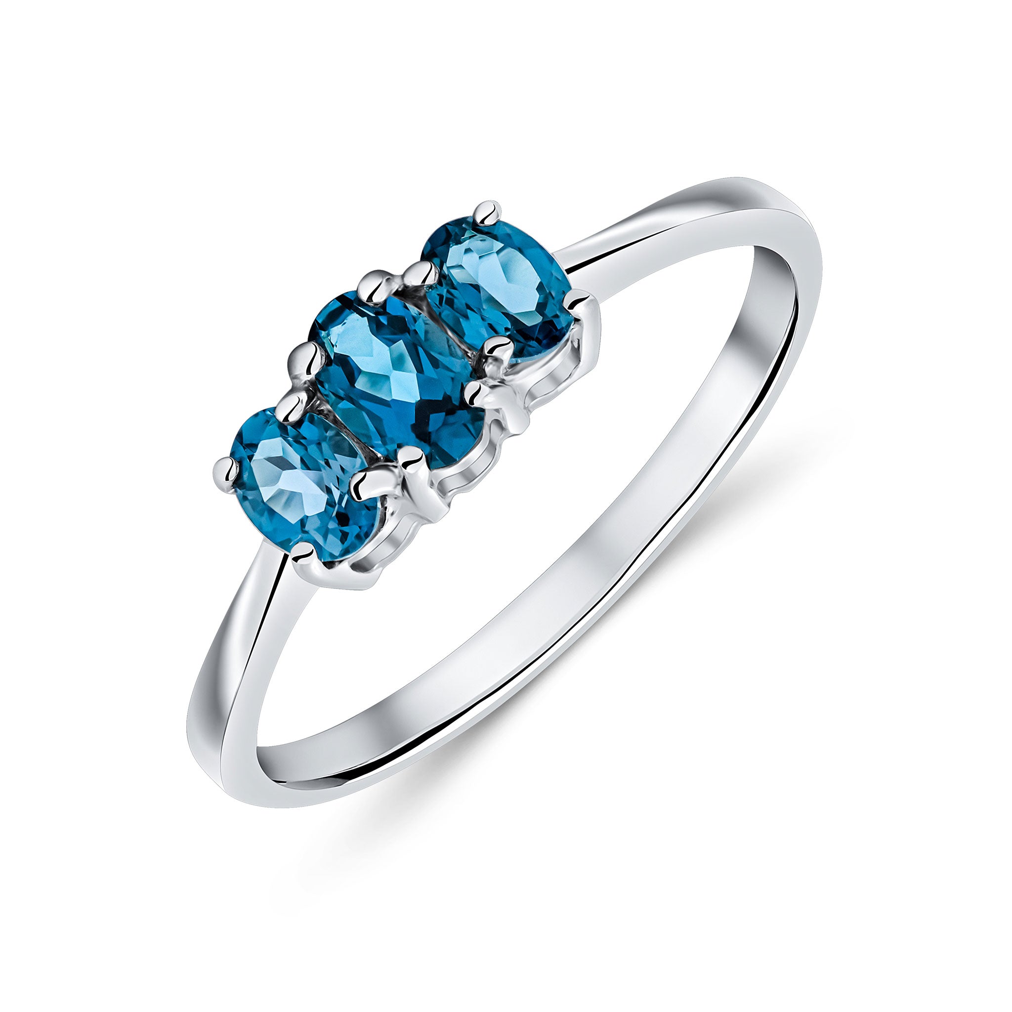 9ct White Gold Oval London Blue Topaz 3 Stone Claw Set Ring