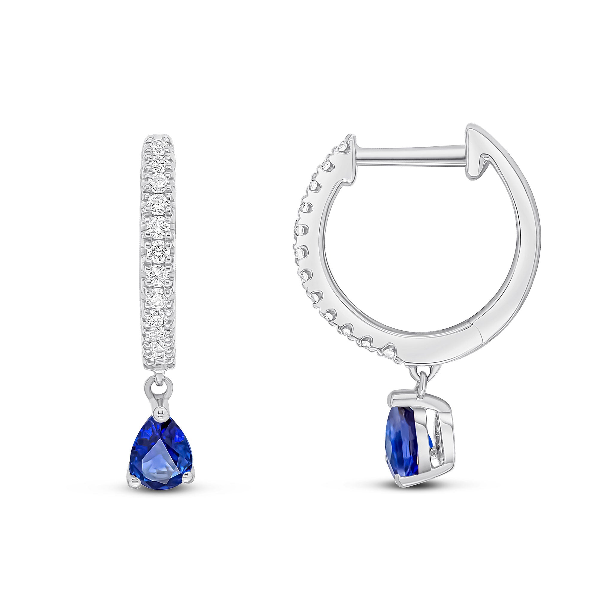 18ct White Gold Claw Set Diamond Hoop Earrings with Pear Shape Sapphire Drop