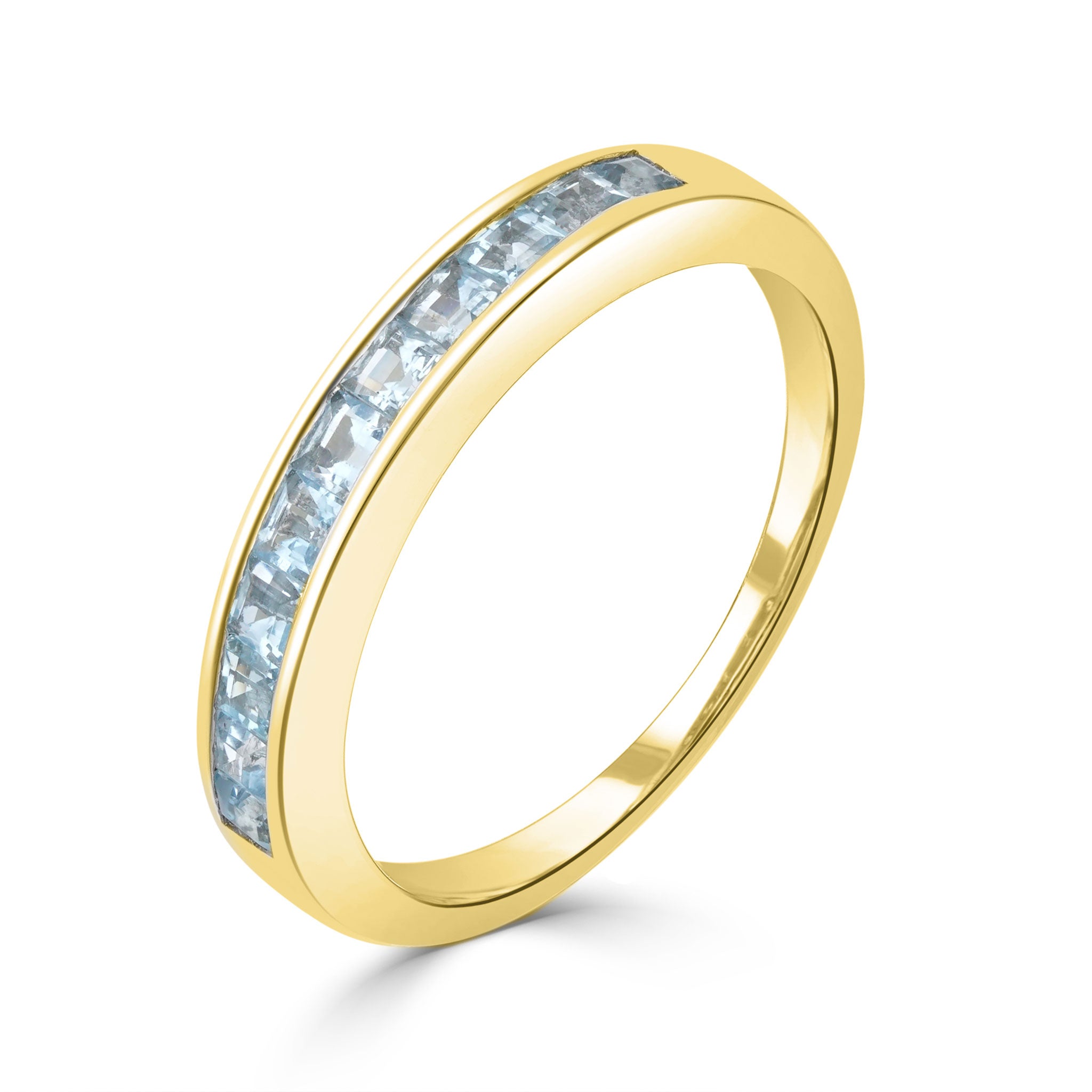 9ct Yellow Gold Square Aquamarine 11 Stone Channel Set 1 2 Eternity Ring