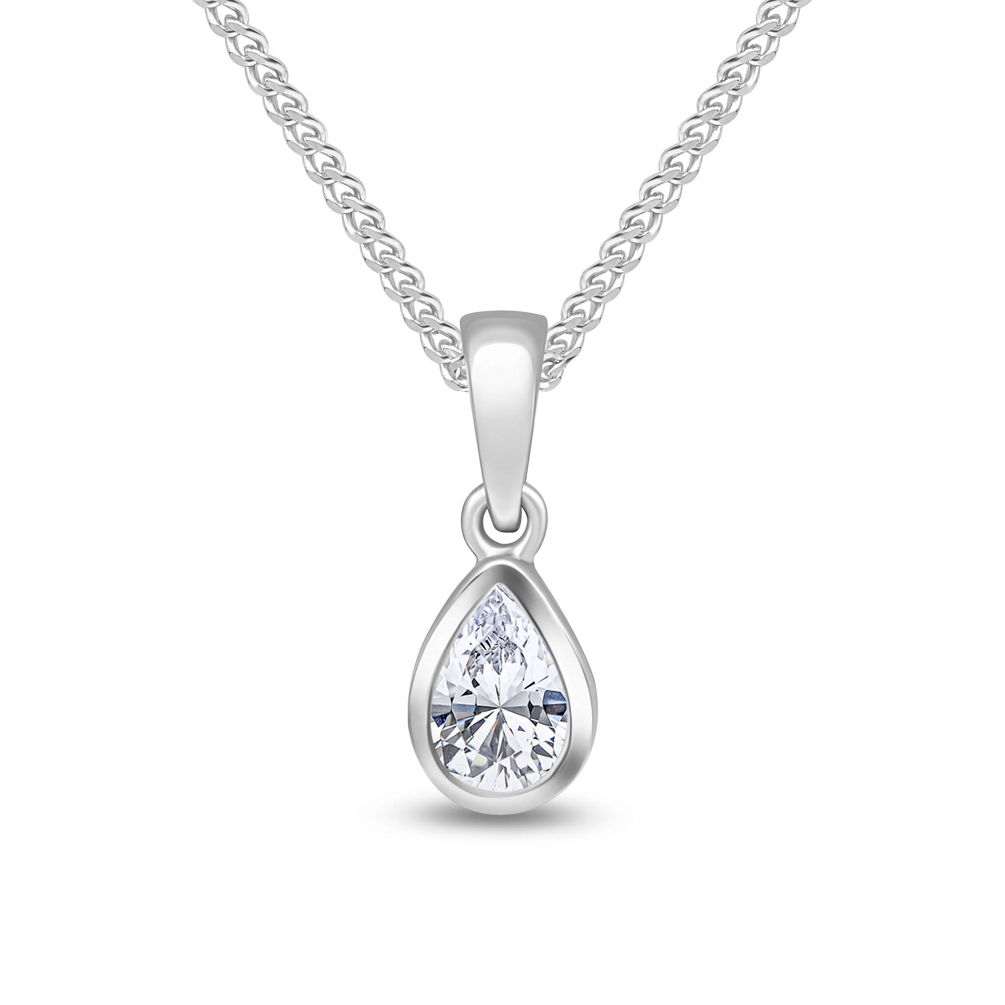 9ct White Gold 6x4 Pear Shape CZ Rubover Single Stone Pendant