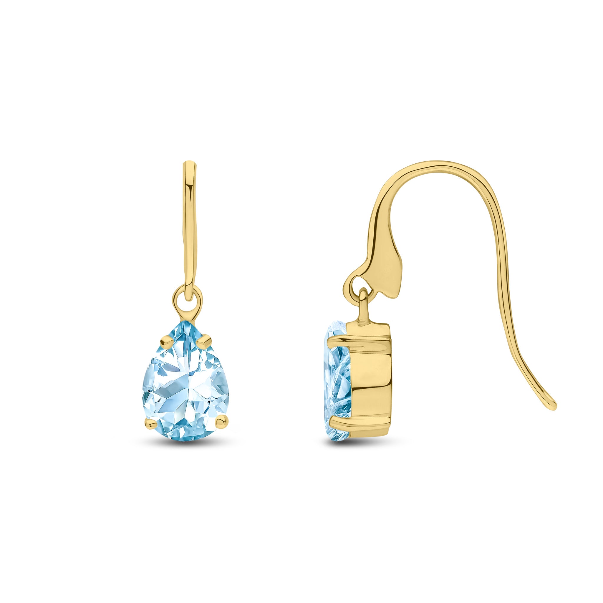 9ct Yellow Gold 7x5mm Pear Shape Aquamarine Claw Set Wire Hook Drop Earrings
