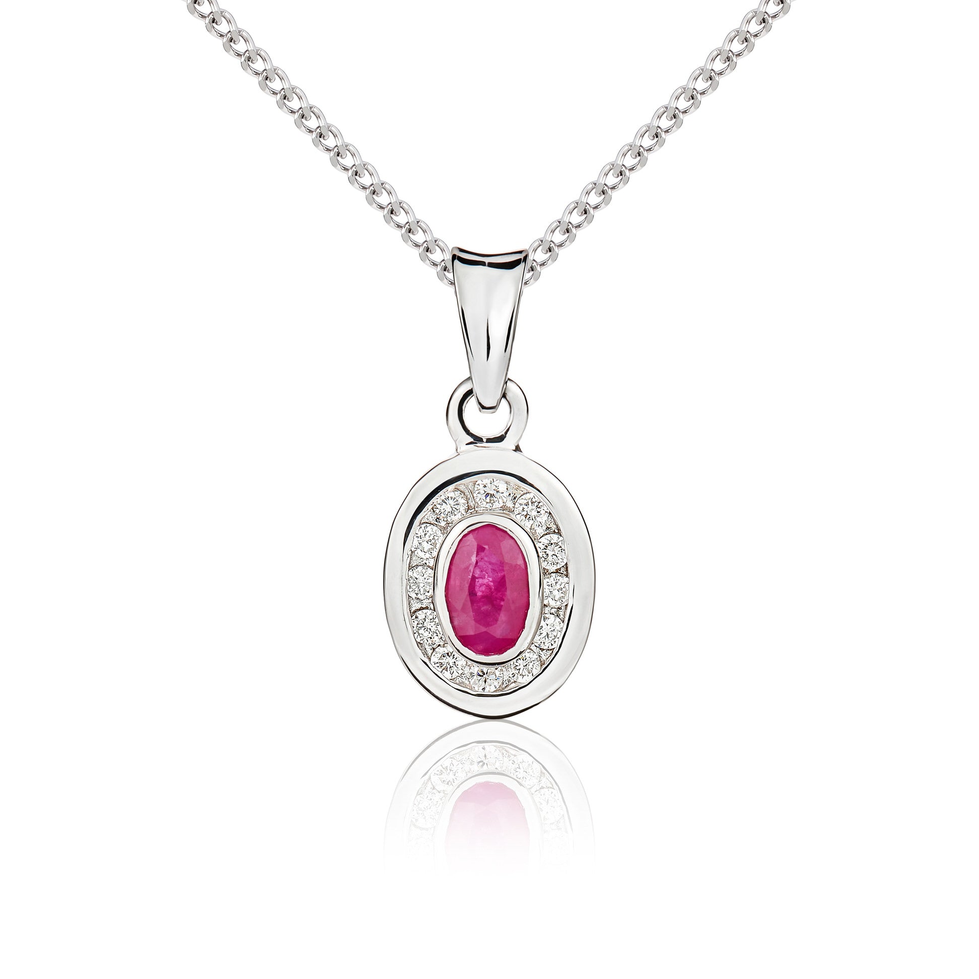 9ct White Gold Oval Ruby & Diamond Cluster Pendant