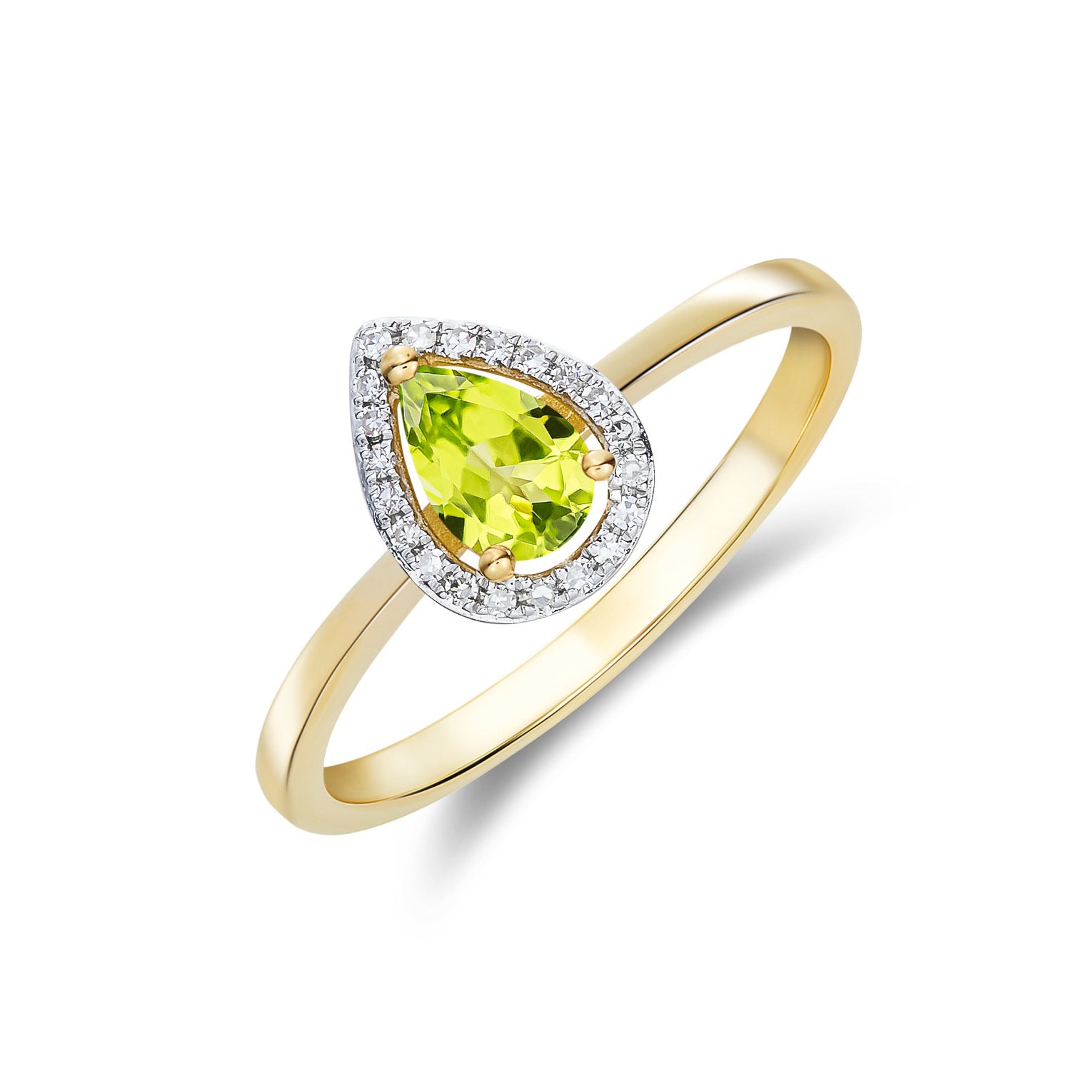 9ct Yellow Gold 6x4 Pear Shape Peridot & Diamond Halo Claw Cluster Ring