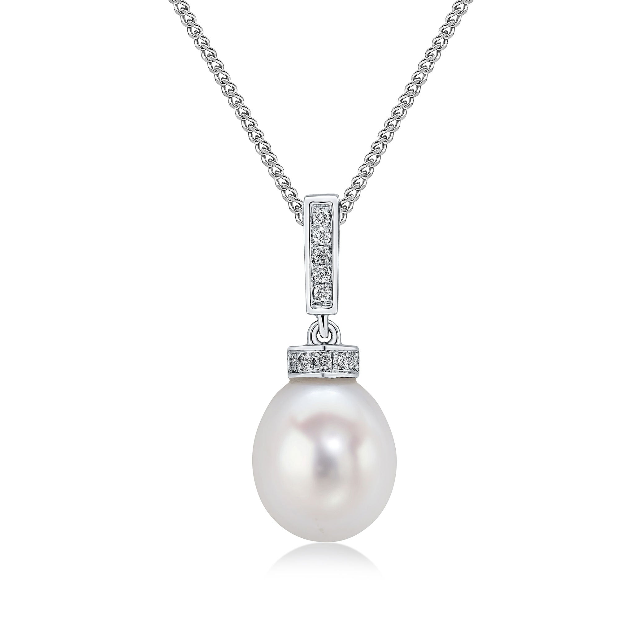 18ct White Gold Freshwater Cultured Pearl and Diamond Line and Cap Pendant