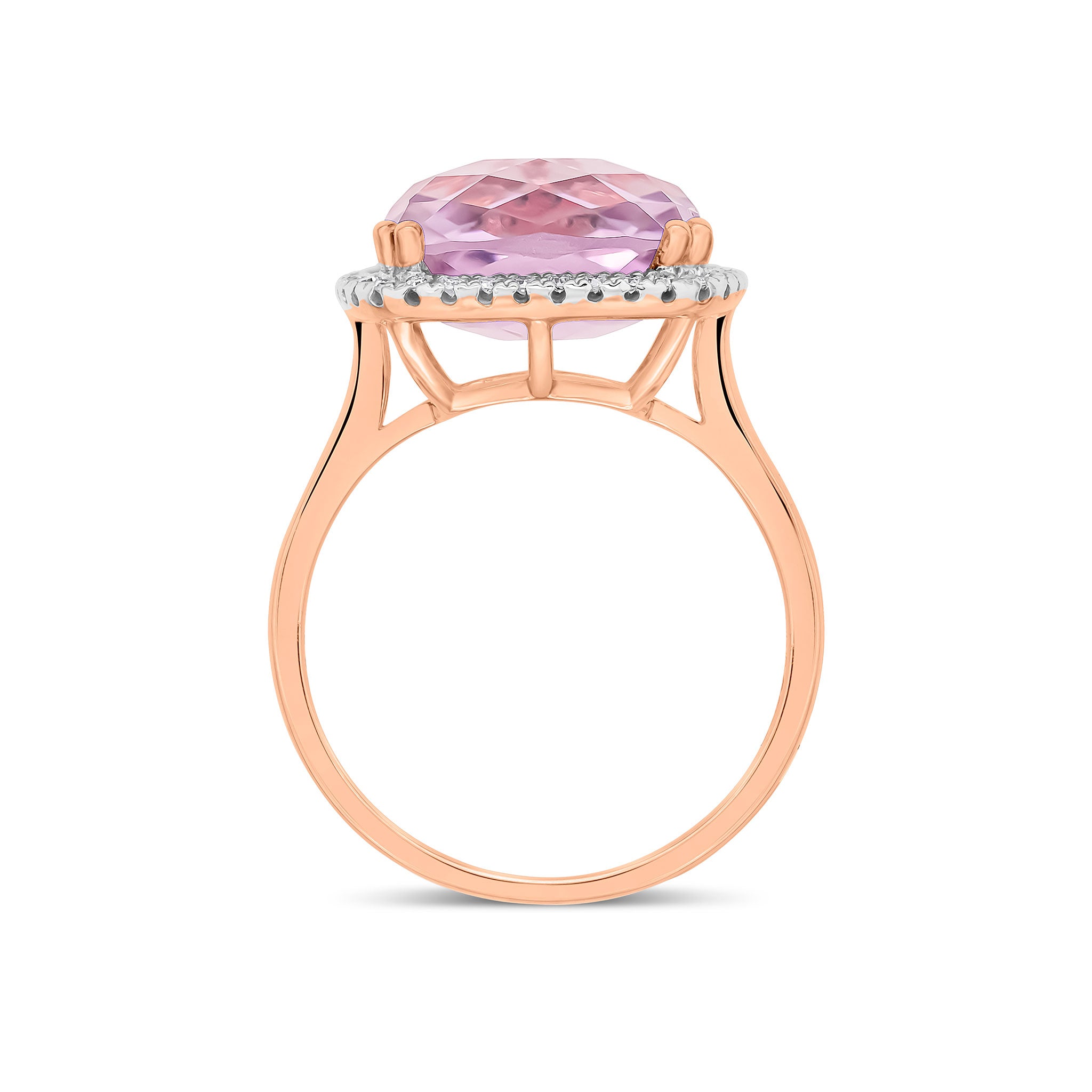 9CT RG 12MM CHECKERBOARD CUT CUSHION PINK AMETHYST AND ROUND DIAMOND CLAW SET CLUSTER RING. RHODIUM TO DIAMONDS 1