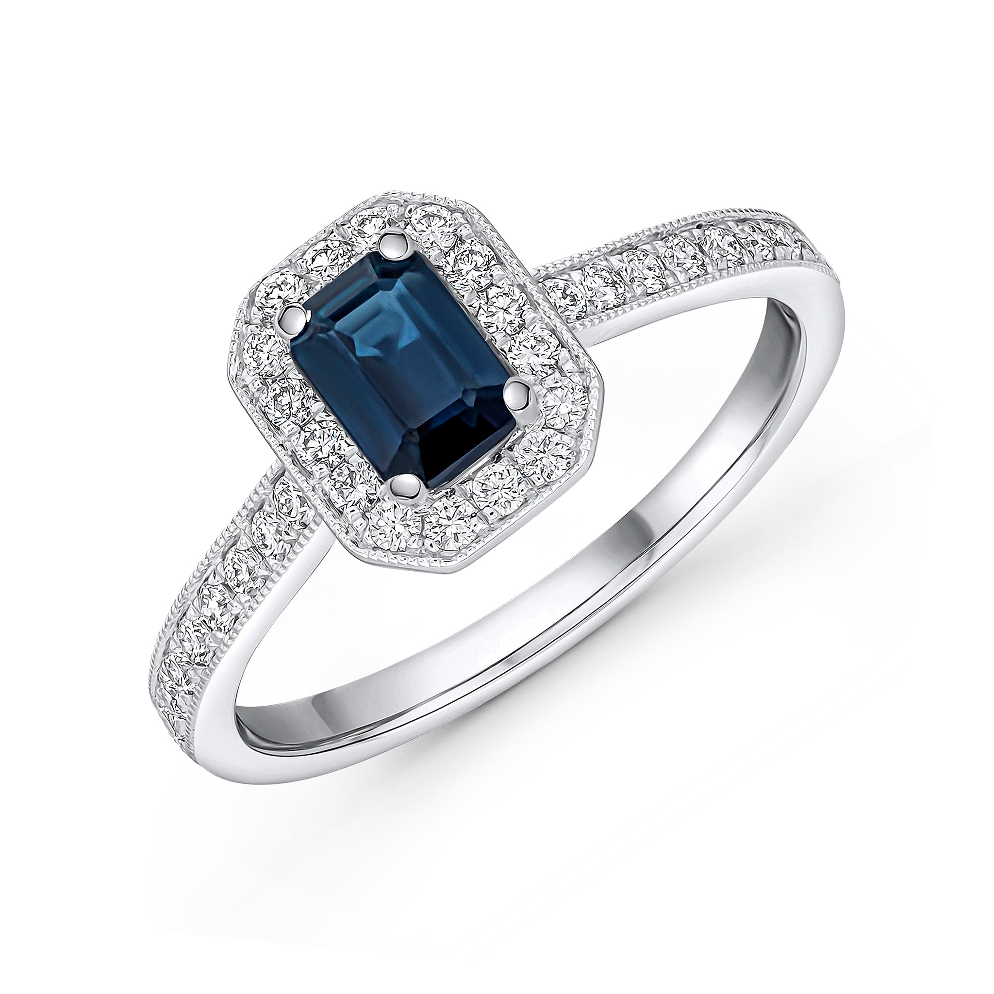 18ct White Gold Octagon Sapphire & Diamond Milgrain Cluster Ring