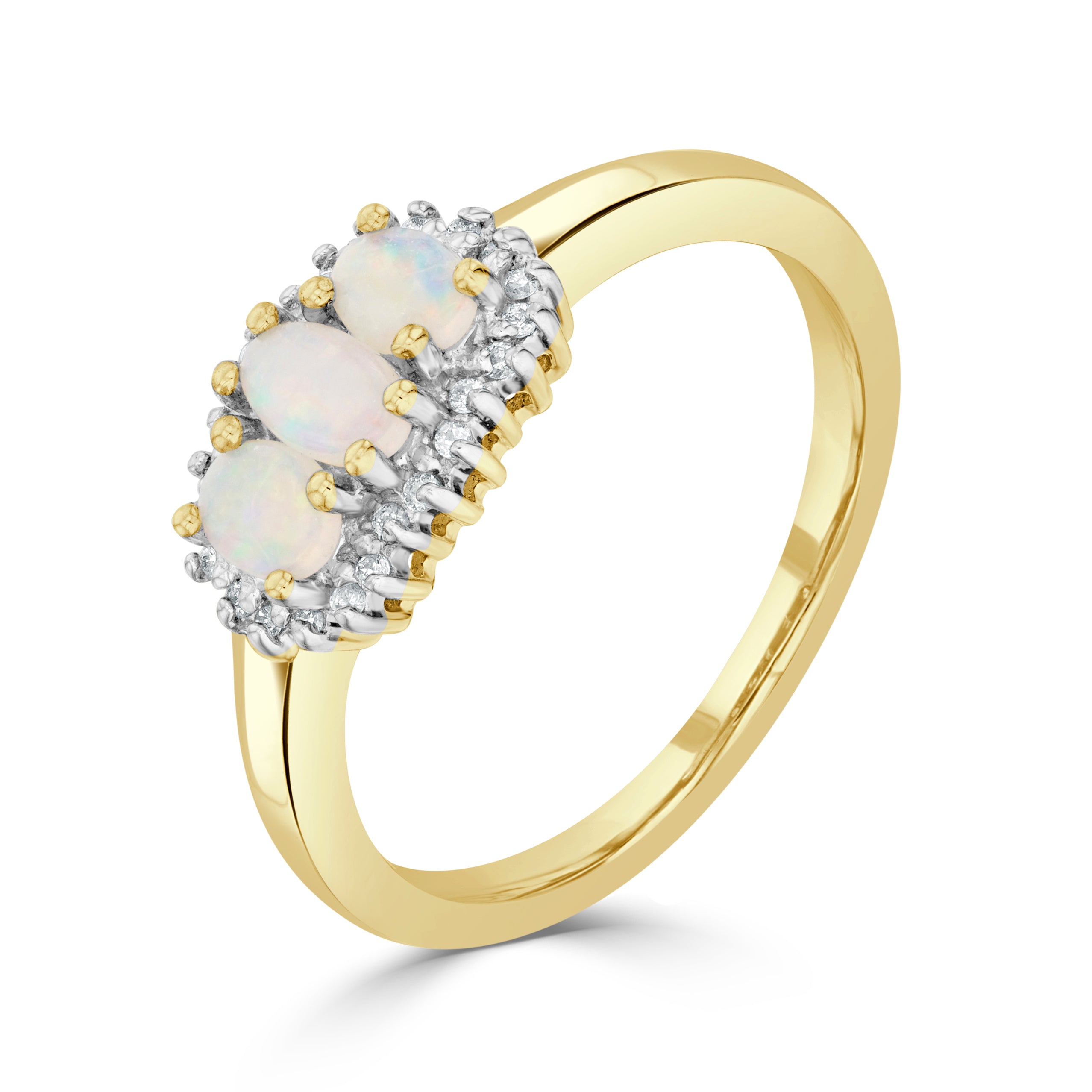 9ct Yellow Gold Oval Opal and Diamond Triple Cluster Ring Rhodium to Diamonds