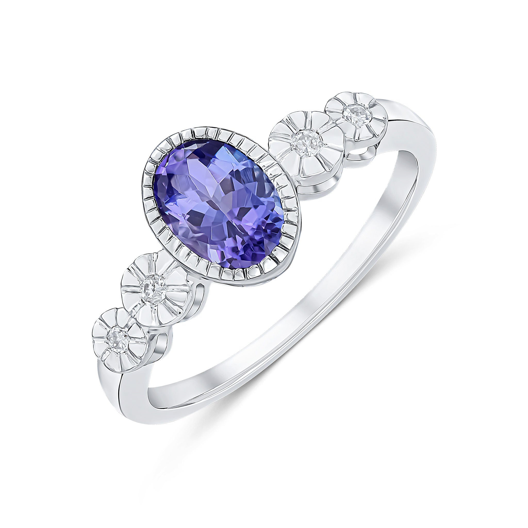 9ct White Gold Milgrain Oval Tanzanite and Illusion Diamond 4 Stone Shoulders Ring
