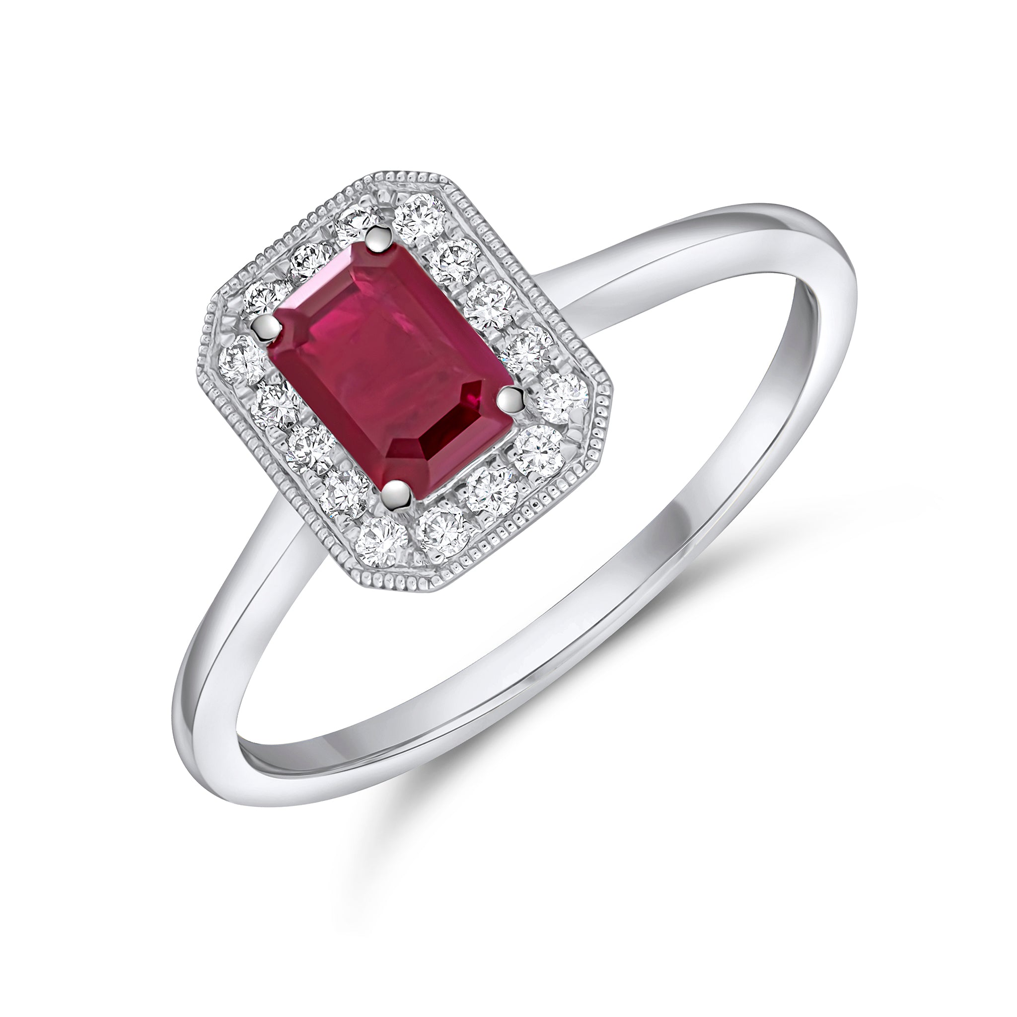 18ct White Gold Octagon Ruby and Diamond Claw Milgrain Cluster Ring