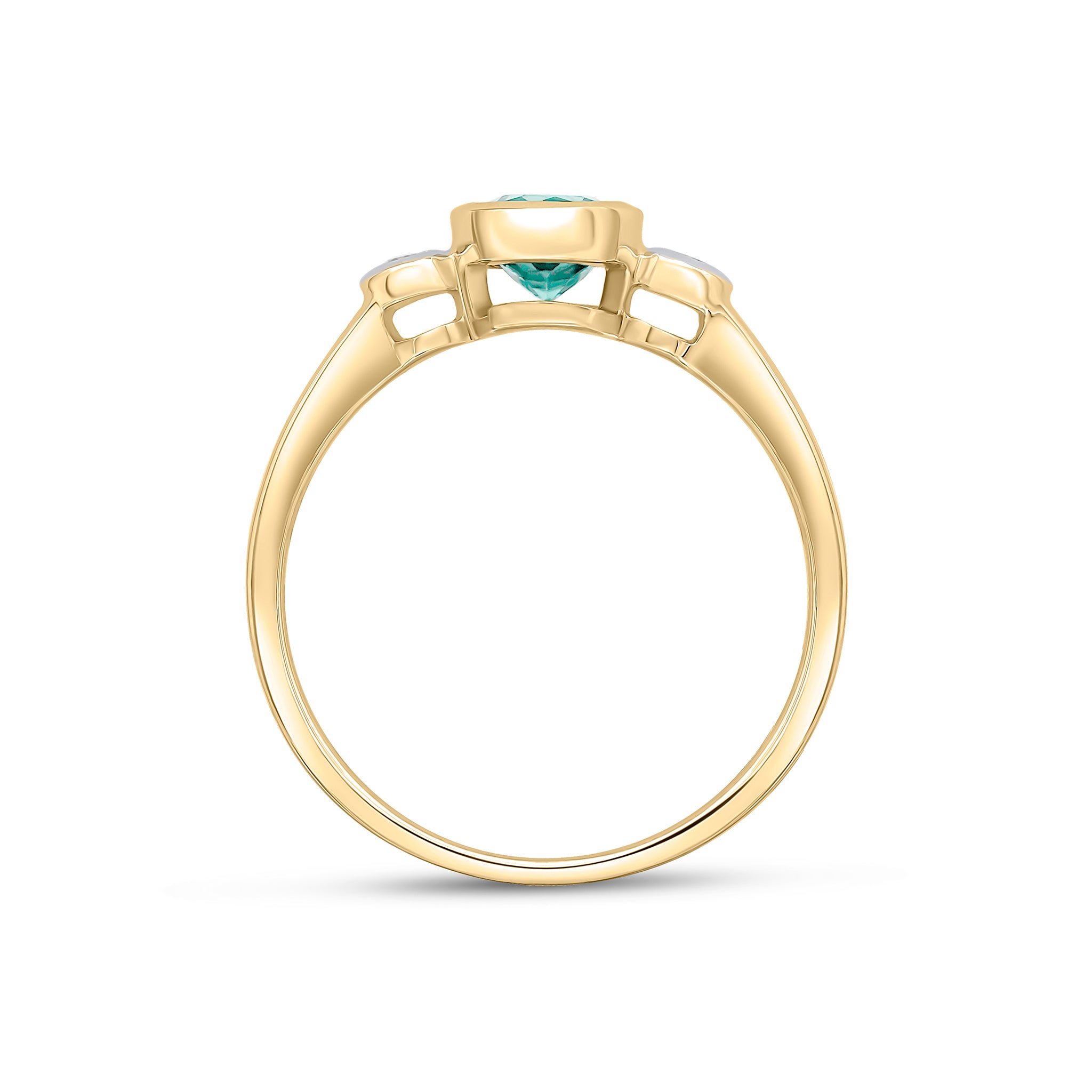 9CT YG 5MM ROUND GREEN TOURMALINE AND DIAMOND RUBOVER 3ST RING. RHODIUM TO DIAMONDS 1