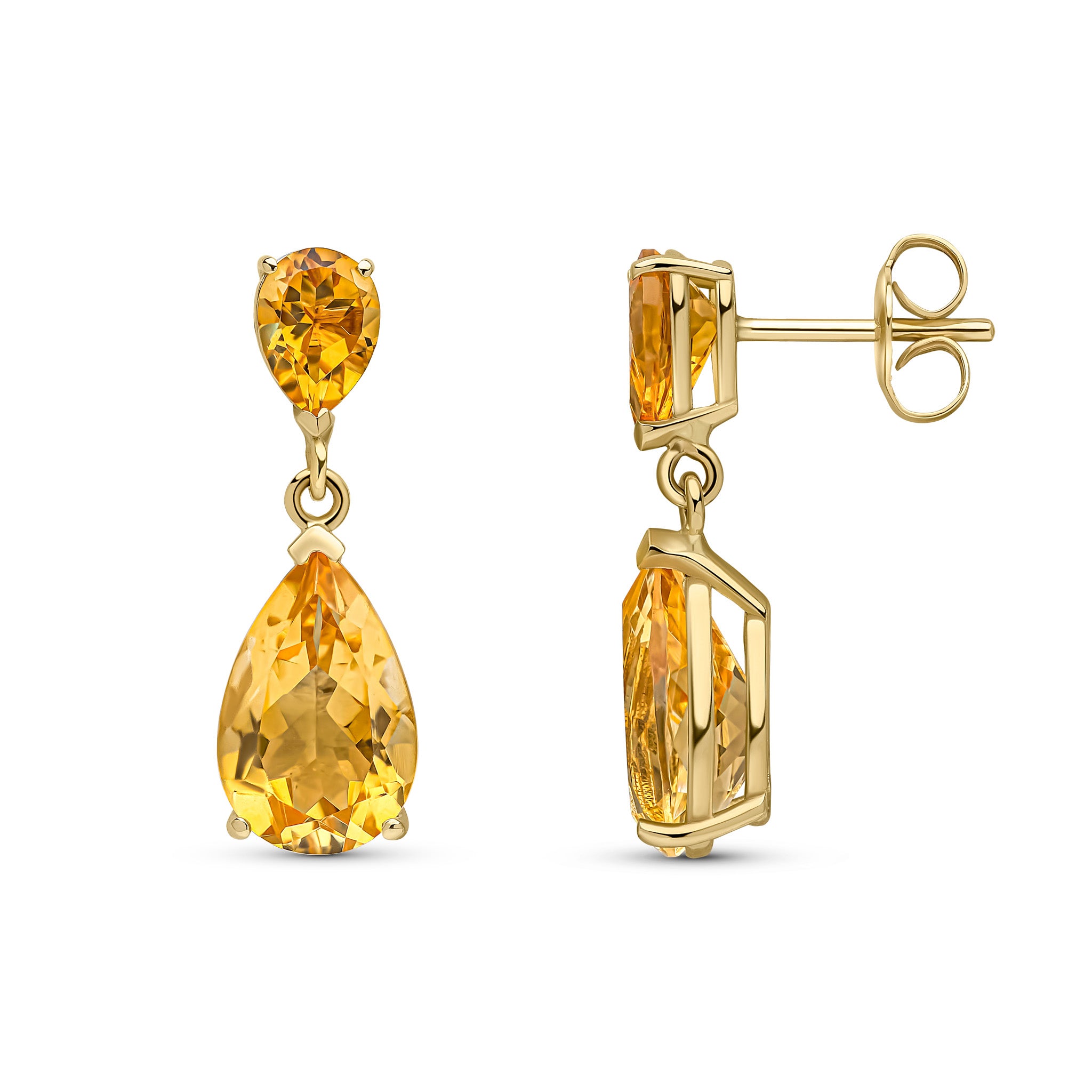 9ct Yellow Gold Pear Shape Citrine Claw Set 2 Stone Drop Earrings