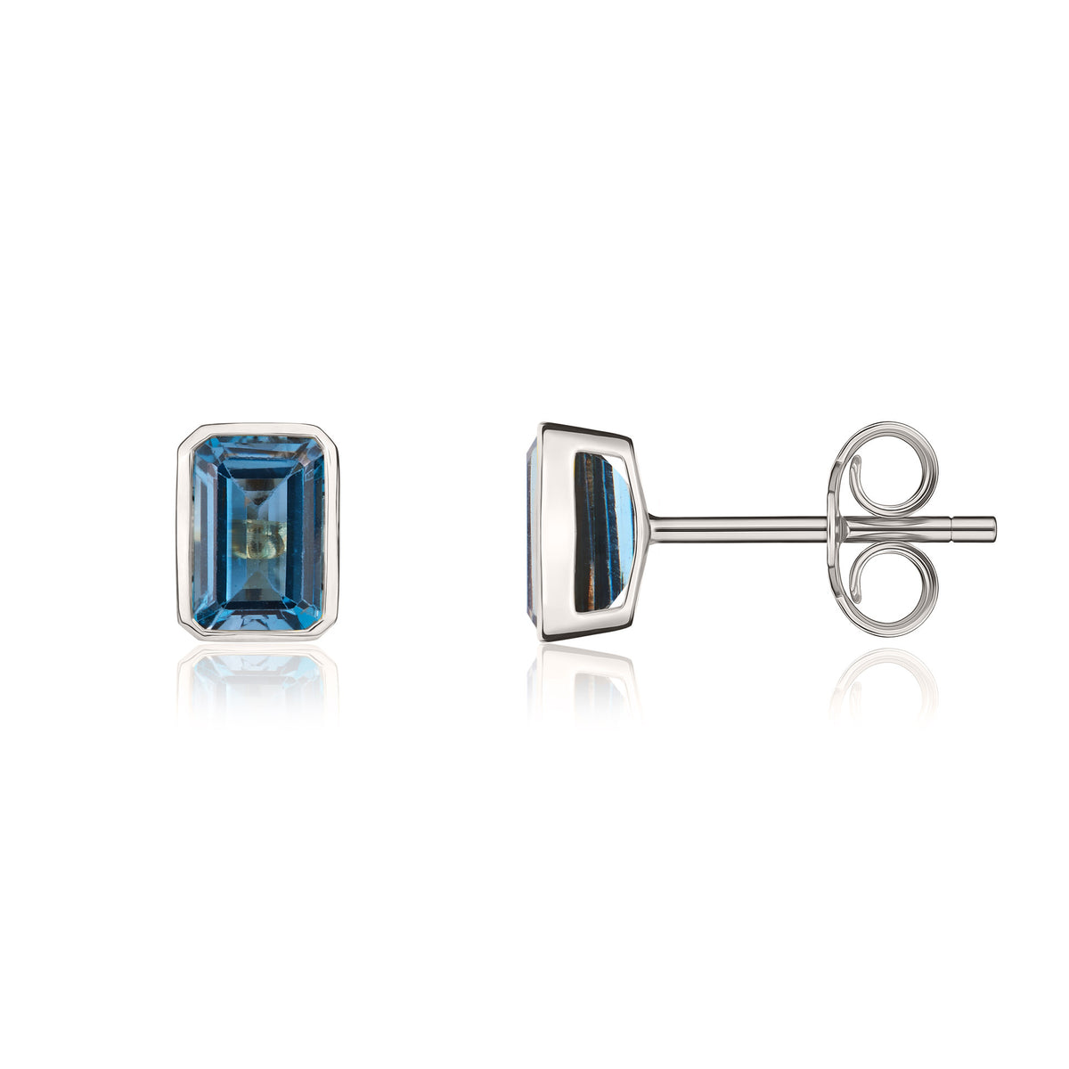 9ct White Gold 7x5 Octagon London Blue Topaz Rubover Set Earrings