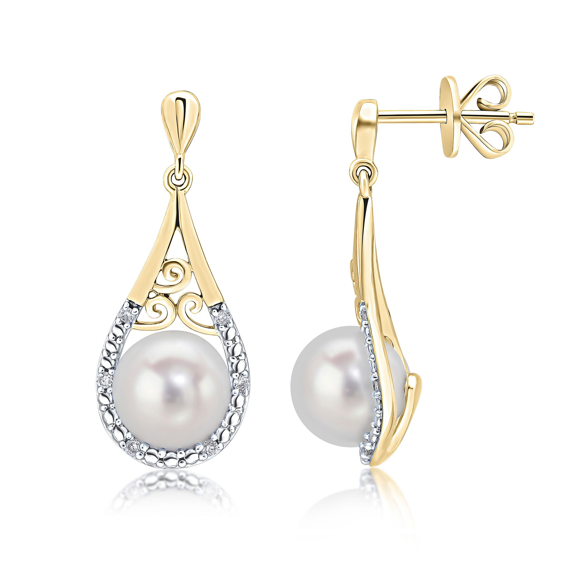 9ct Yellow Gold Cfw Pearl & Grain Set Diamond Pear Shape Drop Earrings Rhodium to Diamonds